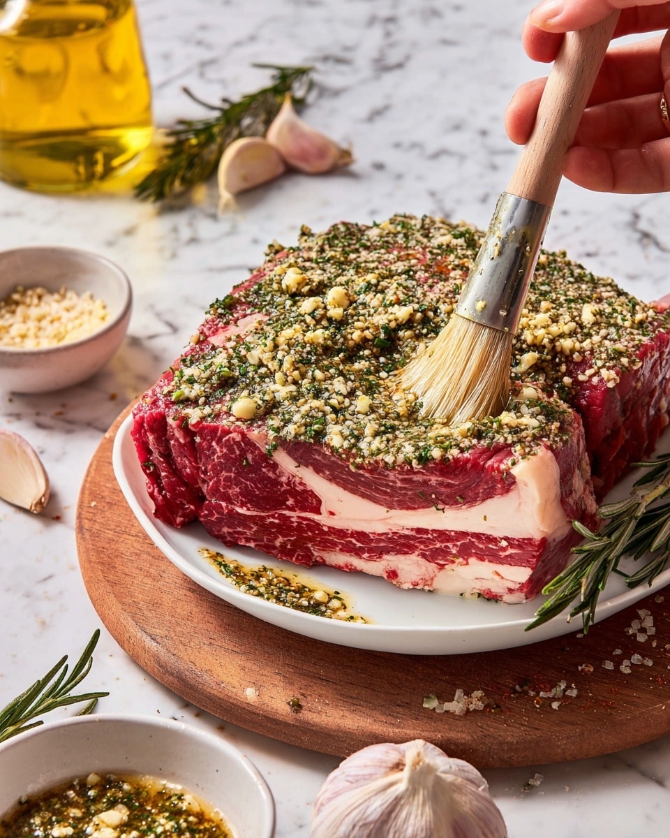 A thick piece of raw red meat with white fat marbling sits on a white plate, resting on a wooden board against a white marbled surface. The top layer of the meat is covered with a thick coating of chopped garlic and green herbs, spread evenly. A woman's hand holds a wooden brush applying the garlic and herb mixture to the meat. Around the plate, there are garlic cloves, rosemary sprigs, a glass bottle of golden oil, and a small bowl filled with the same chopped garlic, herbs, and oil mix. Photo taken with an iphone --ar 4:5 --v 7