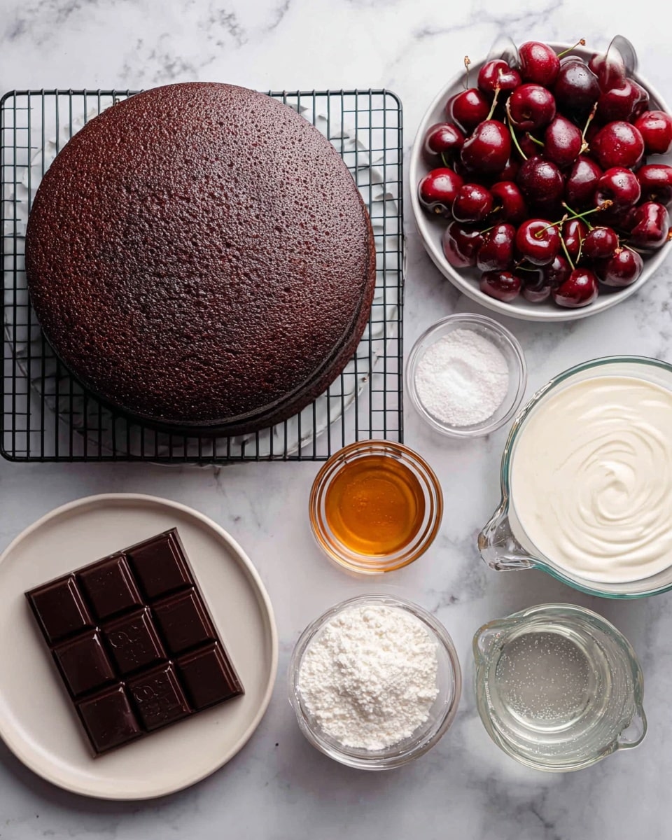 The image shows two dark brown chocolate cake layers on a cooling rack, with a rough textured surface on top. Around the cakes, there are small containers with different ingredients: a bowl filled with dark red cherries to the right, a clear glass measuring cup with thick white cream below, a small white bowl with powdered sugar, another small bowl with granulated white sugar, a small clear glass with a transparent liquid, a small bowl with amber-colored vanilla extract, and a white plate with a large square of dark chocolate. All items are placed on a white marbled surface. Photo taken with an iphone --ar 4:5 --v 7