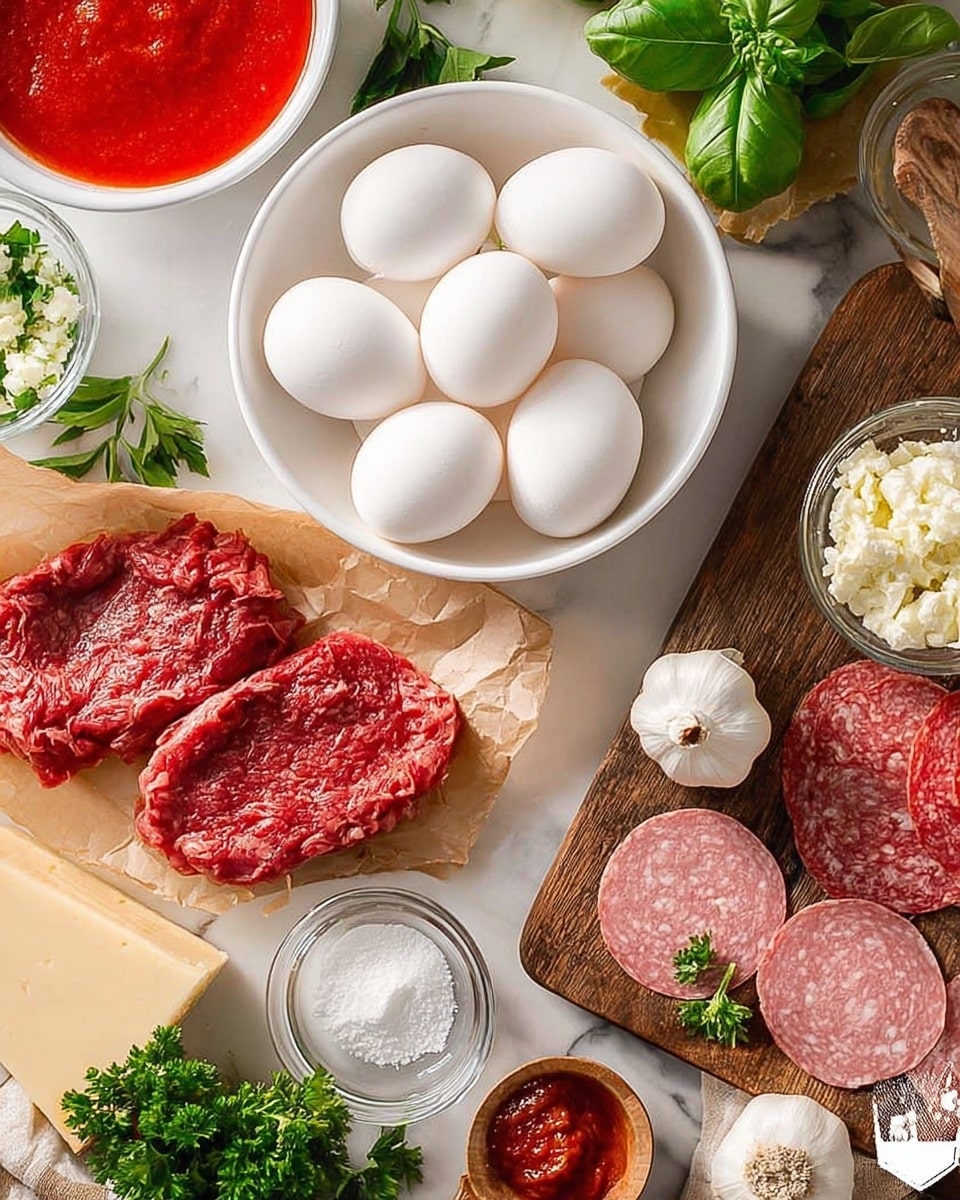 The image shows raw ingredients for cooking on a white marbled surface. On the left side, there are two large pieces of red raw beef placed on parchment paper. In the center bottom, there is a bowl full of white eggs. Moving to the top right, a wooden board holds slices of pink salami near one corner, a garlic bulb, fresh green basil leaves, a small bowl of red tomato paste, a bowl of chopped white onions, and fresh green parsley. There is also a wedge of pale yellow cheese with crumbs around it and a small bowl containing grated cheese mixed with black pepper and a small wooden spoon. A white and red bowl filled with red tomato sauce sits near the top left corner. The whole arrangement is colorful and fresh with various textures from smooth eggs to leafy greens. Photo taken with an iphone --ar 4:5 --v 7