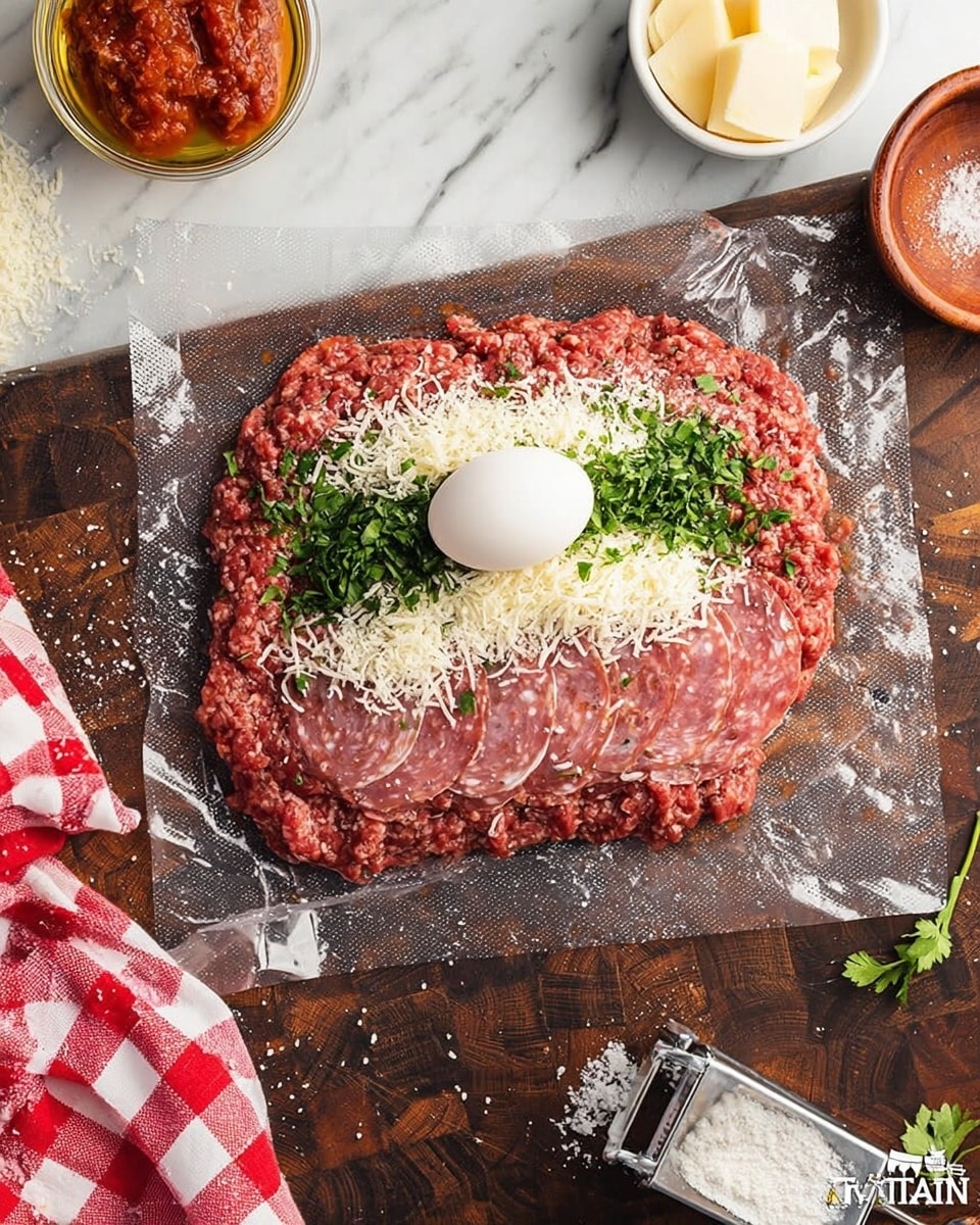 A large flat piece of pink raw ground meat is spread on clear plastic wrap on a dark wooden surface. The meat is topped with a layer of grated white cheese sprinkled mostly in the center. On top of the cheese, there are several slices of pale pink cured meat arranged in a neat oval shape. Chopped green herbs are scattered on the cured meat, and a whole white egg sits in the middle of the herbs. Around the setup, there is a white egg, a bowl with black and white seasoning, a wooden spoon, some chopped white onions, and a red condiment in a small dish. A woman's hand holds a meat tenderizer on the right side of the image. A red and white checkered cloth is on the lower left corner. The background is changed to a white marbled texture. photo taken with an iphone --ar 4:5 --v 7