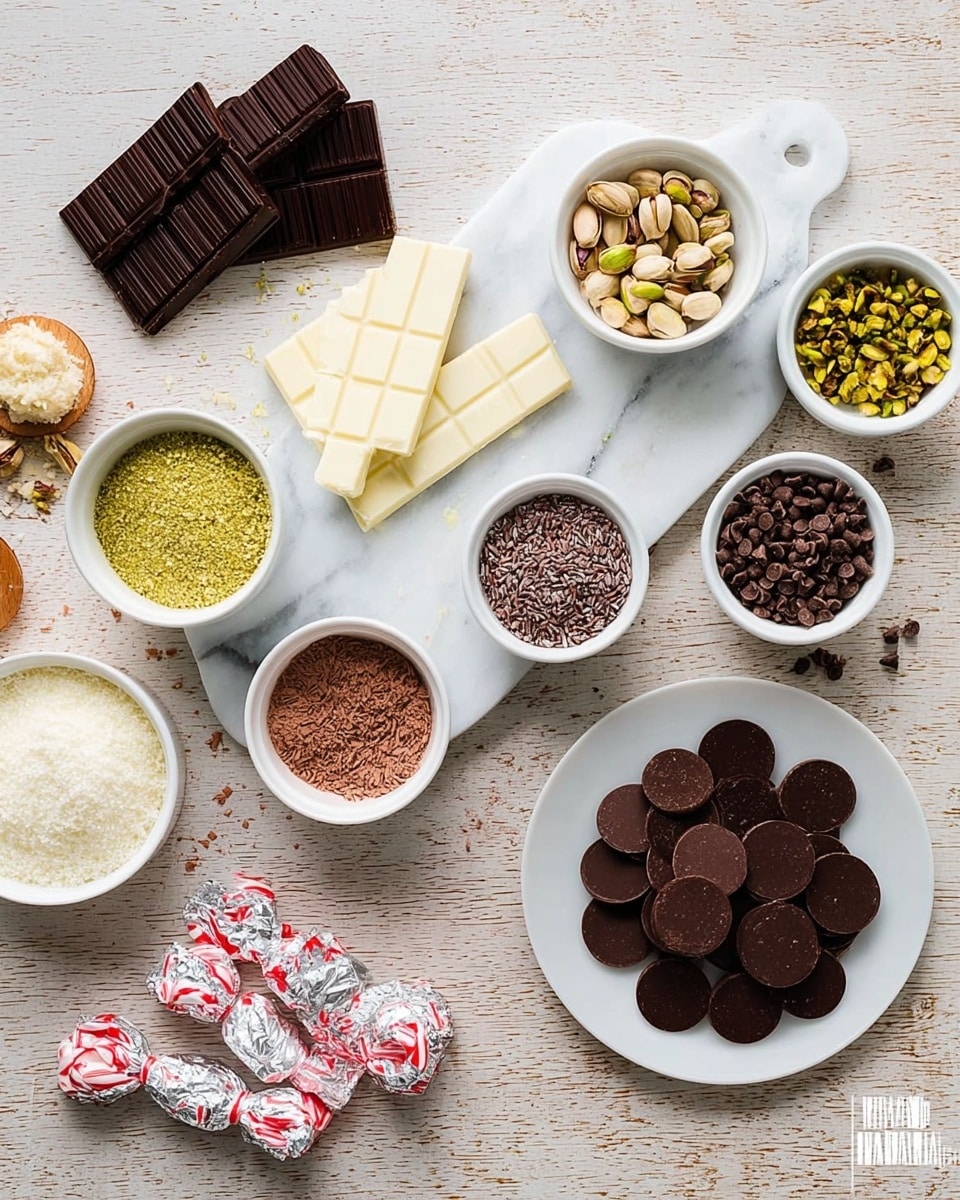 The image shows a variety of chocolate and candy ingredients arranged on a white marbled surface. There are two unwrapped chocolate bars, one dark and one white, placed near the top center. Surrounding these bars are small white bowls with different contents: crushed pistachios, chocolate sprinkles, shredded coconut, chopped nuts, crushed peppermint, and cocoa powder. To the right, a white plate holds several piles of dark, milk, and white chocolate discs. Three wrapped peppermint candies are scattered near the bottom left. The scene is neat and colorful, with a warm and inviting feel. photo taken with an iphone --ar 4:5 --v 7