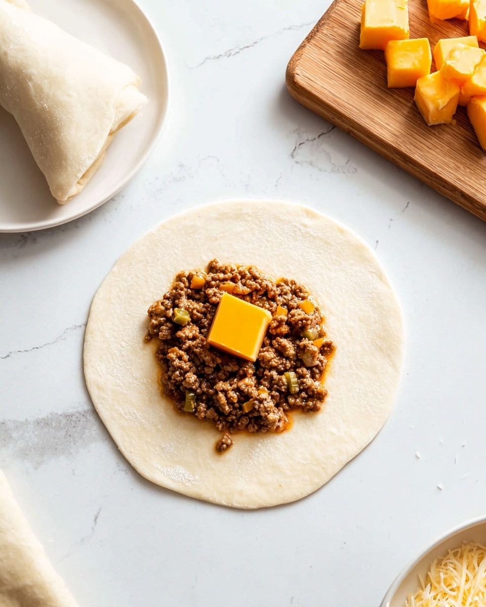A round, flat piece of dough lies on a white marbled surface, topped with a layer of cooked, brown ground meat mixed with small bits of vegetables, and a cube of bright orange cheese placed in the center of the meat layer. Nearby, a white plate holds a folded piece of dough, and a wooden board with more orange cheese cubes is visible at the top right corner. The overall scene is clean, bright, and focuses on the raw ingredients ready to be wrapped or folded. photo taken with an iphone --ar 4:5 --v 7