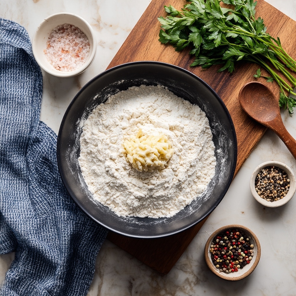 A black bowl filled almost to the edges with white flour holds a single small ball of yellow dough in the center. The bowl sits on a wooden surface next to a blue and white checked cloth on the left, and a small white bowl of pink salt with a wooden spoon and a small stone bowl of mixed peppercorns on a white board to the right. A small bunch of fresh green parsley lies beside the bowls. The overall background is a white marbled texture. photo taken with an iphone --ar 4:5 --v 7