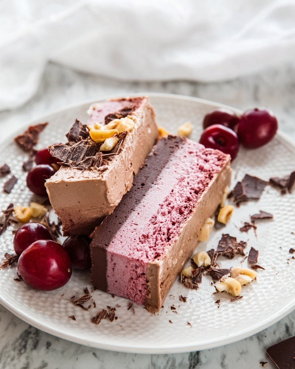 The image shows a slice of dessert with two thick layers on a white plate with a dotted edge. The top layer is smooth and light brown, while the bottom layer is textured and pink. Around the slice, there are pieces of dark chocolate shavings, red cherries, and some chopped nuts. The plate is on a white marbled surface, and the dessert looks fresh with a clean cut showing the clear division between the layers. Photo taken with an iphone --ar 4:5 --v 7