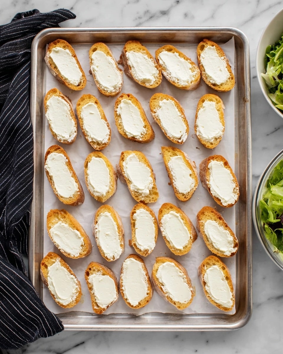 There is a silver tray covered with parchment paper holding twenty pieces of toasted baguette slices evenly arranged in four rows of five. Each slice is topped with a smooth layer of white cream cheese that has a slightly uneven texture. The tray sits on a white marbled surface, and there is a black cloth with white stripes partially visible on the left side. On the right edge, a small part of a white bowl with green leafy salad is visible. photo taken with an iphone --ar 4:5 --v 7