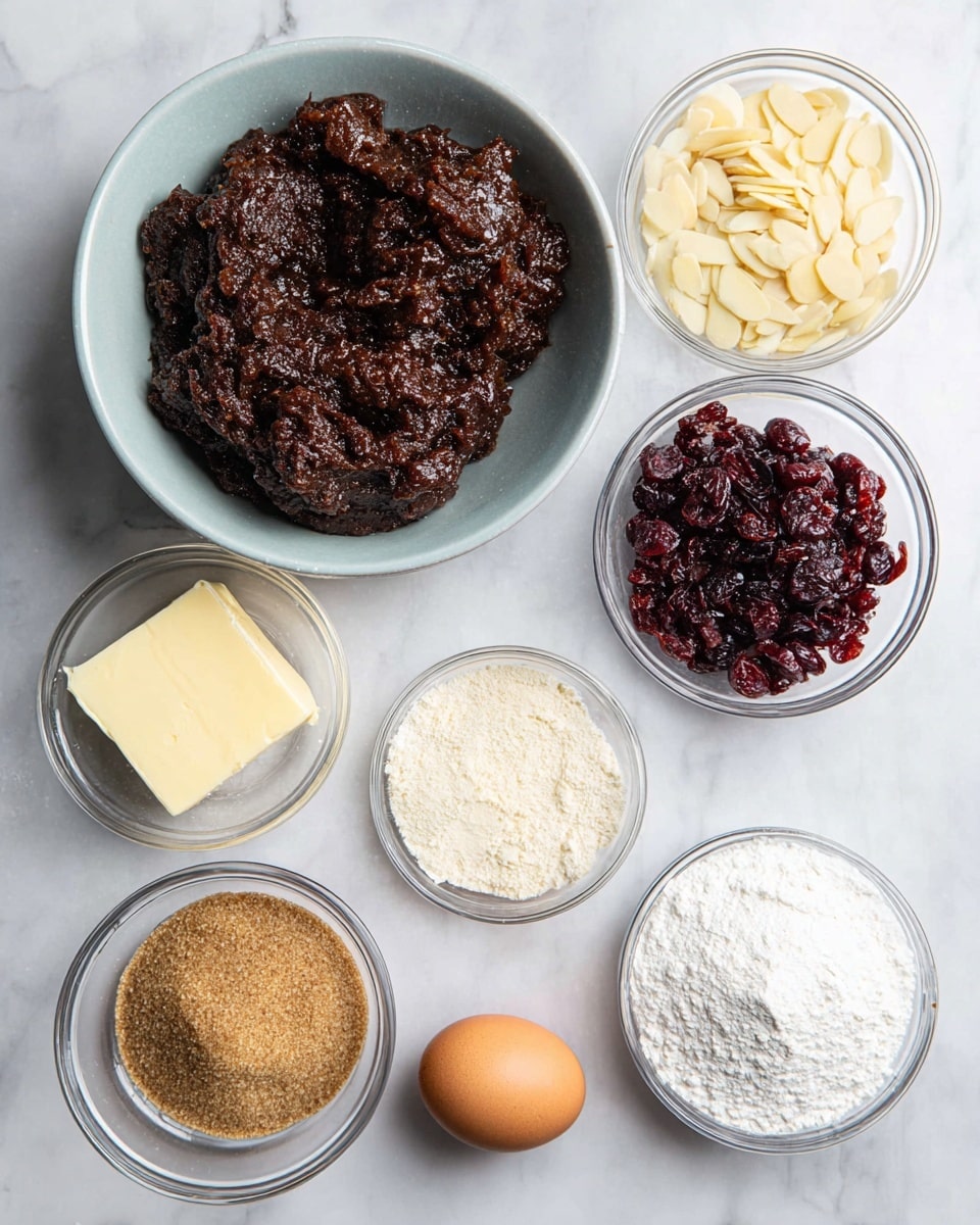 A flat layout of baking ingredients sits on a white marbled surface, with a large light blue bowl at the top left filled with a thick, dark brown chunky mixture. Around it, in clear glass bowls, are light beige almond slices at top right, dark red dried cranberries below them, light brown soft sugar in the center, white granulated sugar at the bottom right, and white flour at the bottom left. A small square of pale yellow butter and a brown egg are placed near the center between the sugar bowls and flour bowl. The scene is bright and evenly lit, showing clear texture on all ingredients photo taken with an iphone --ar 4:5 --v 7
