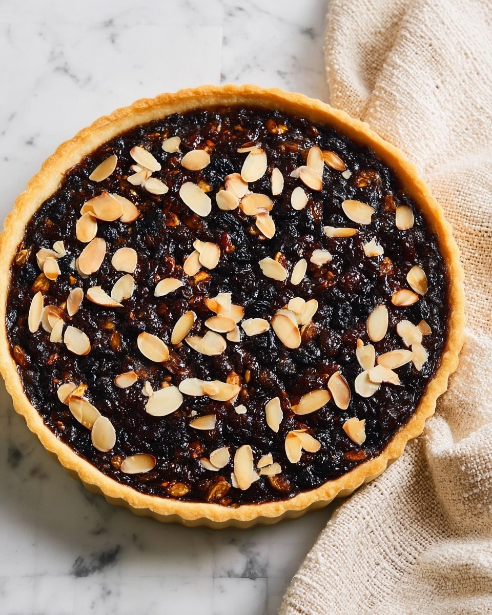 A round tart with a light golden crust edges the dish, filled with a dark, glossy fruit and nut mixture topped with scattered toasted almond slices that are light brown and off-white. The filling appears dense and sticky with visible pieces of dark raisins or similar dried fruits spread evenly throughout. The tart sits on a white marbled surface next to a beige cloth with a textured pattern. photo taken with an iphone --ar 4:5 --v 7