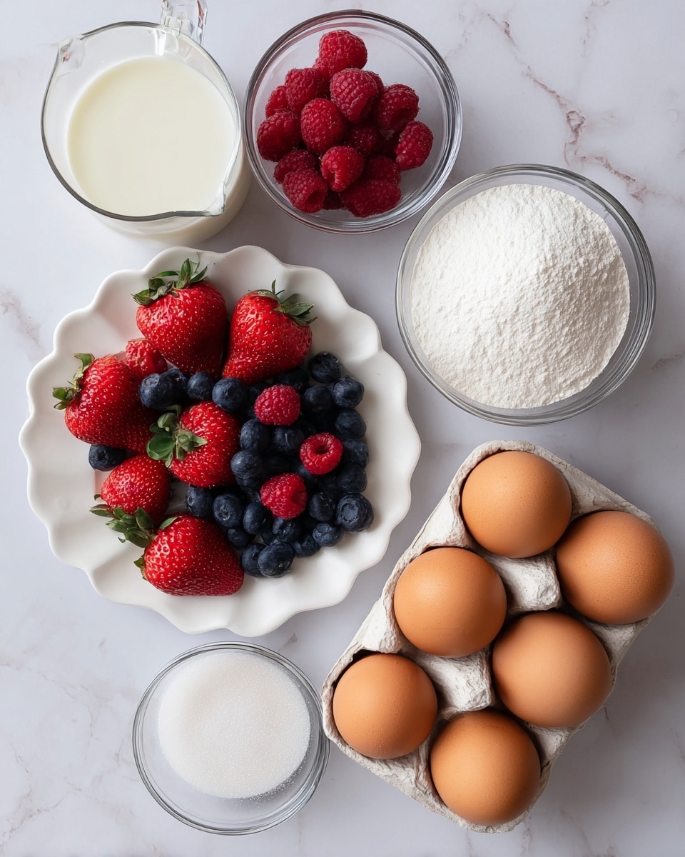 The image shows a top view of several ingredients placed on a white marbled surface. On the left side, there is a small white scalloped plate filled with ripe red strawberries, dark blue blueberries, and bright red raspberries. To the right of this plate, there is a clear glass container filled with white granulated sugar. Below the sugar, a white ceramic egg holder holds six brown eggs. On the left side near the eggs, there is a clear measuring cup filled with milk. Below that, two small clear glass bowls hold white powdery ingredients, one looking like baking soda and the other like baking powder. The setting is bright and clean, with all items arranged neatly. photo taken with an iphone --ar 4:5 --v 7