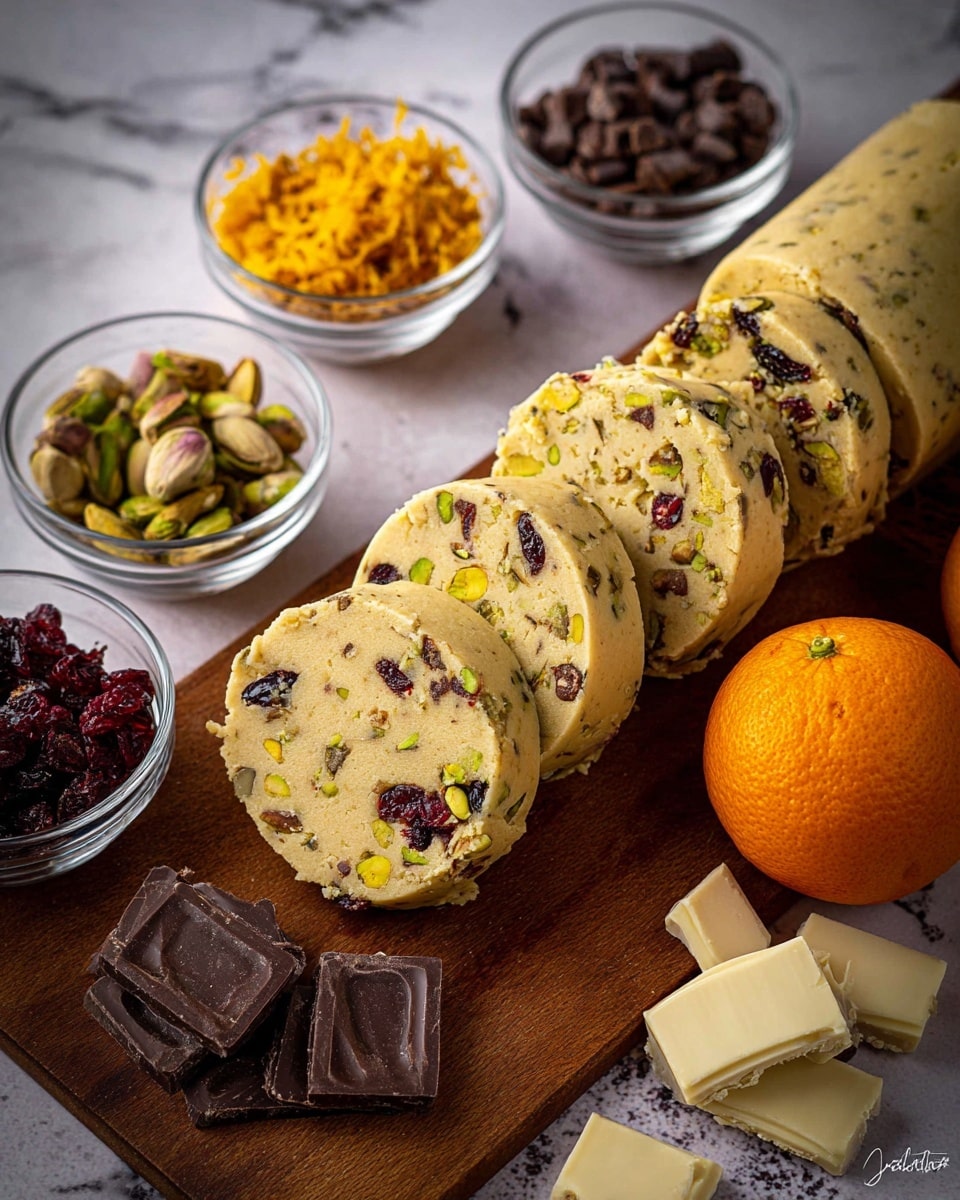 The image shows several thick, round slices of cookie dough with visible pieces of green pistachios and dark red cranberries mixed inside. These slices are stacked in a row on a wooden board, with the whole dough log partially cut. Surrounding the dough are small clear glass bowls containing chopped dark chocolate, orange zest, chopped pistachios, and dried cranberries. There are also broken dark chocolate and white chocolate pieces scattered on the board and a whole orange nearby. The surface underneath is a white marbled texture. Photo taken with an iphone --ar 4:5 --v 7