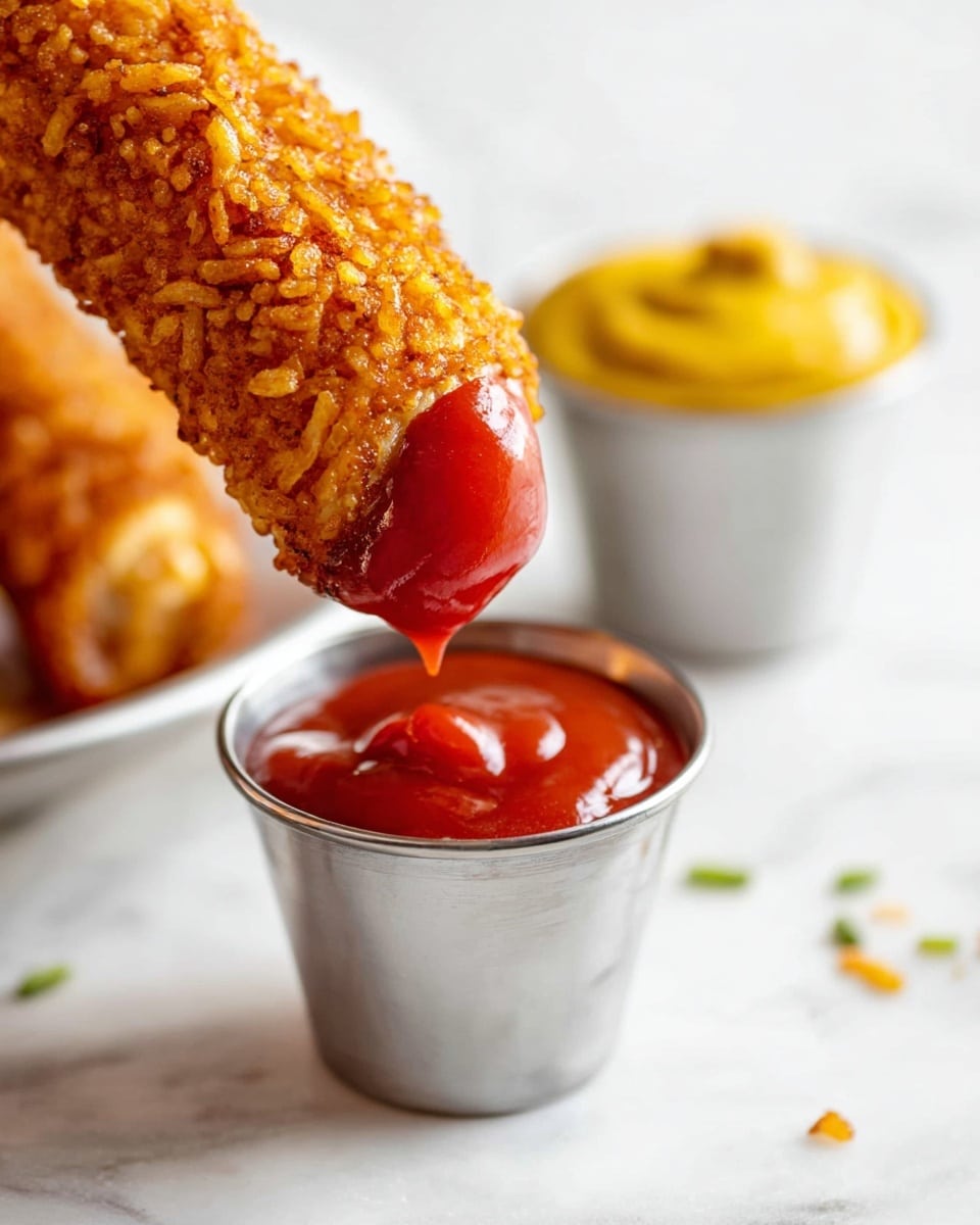 A close-up view of a golden brown crispy snack stick with a rough crunchy texture being dipped into a small metal cup filled with bright red smooth sauce, a small dollop of sauce dripping from the tip of the snack; in the background, there is another metal cup with yellow creamy mustard sauce, all placed on a white marbled surface. photo taken with an iphone --ar 4:5 --v 7
