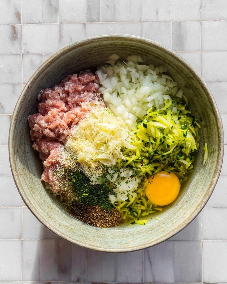 A large gray bowl sits on a white marbled surface. Inside the bowl, there are distinct layers and sections of ingredients: on the left is raw ground meat with a pink color, next to it on the bottom left is a pile of finely chopped white onions, above that is a heap of pale yellow minced garlic, on the right side of the bowl are two piles of bright green grated zucchini, at the very bottom right is a raw yellow egg yolk with some egg white around it, and in the center are mixed spices and seasoning in dark brown and green shades. Each ingredient maintains its shape and texture in the bowl. photo taken with an iphone --ar 4:5 --v 7