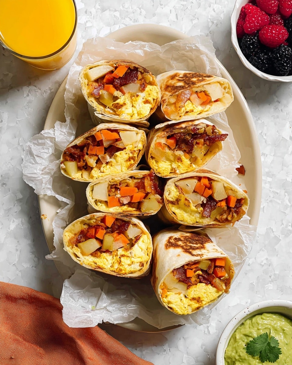 A white oval plate is filled with five breakfast burrito halves, each showing three main layers inside: soft, folded light yellow scrambled eggs, orange roasted carrots, and pale yellow potato chunks mixed with browned bits of cooked bacon and white onion pieces, all wrapped in lightly toasted and browned flour tortillas with a few flakes of salt on top. The plate rests on crumpled white paper on a white marbled texture. Around the plate, there is a glass of orange juice at the top left, a small white bowl of mixed red raspberries and black blackberries at the top right, and a white bowl of green guacamole garnished with a cilantro leaf at the bottom right. photo taken with an iphone --ar 4:5 --v 7