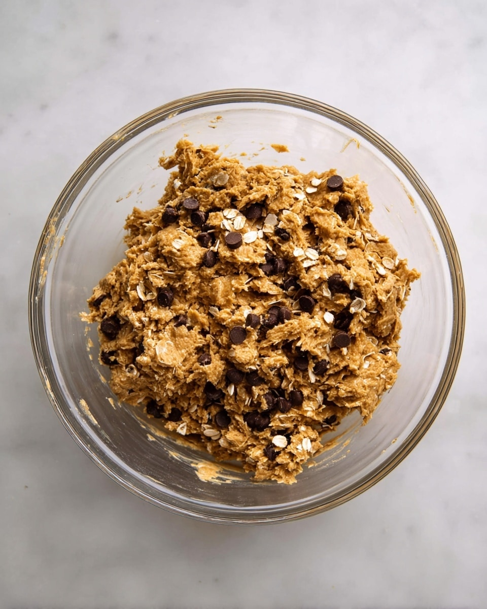 A clear glass bowl holds thick, chunky dough mixed with light brown batter and sprinkled with small dark brown chocolate chips and off-white rolled oats. The dough has a rough, uneven texture with visible oats and chocolate pieces throughout, creating a speckled look. The bowl sits on a white marbled surface, with the dough mounded mostly in the center, showing clumps and folds as it fills the bowl. Photo taken with an iphone --ar 4:5 --v 7