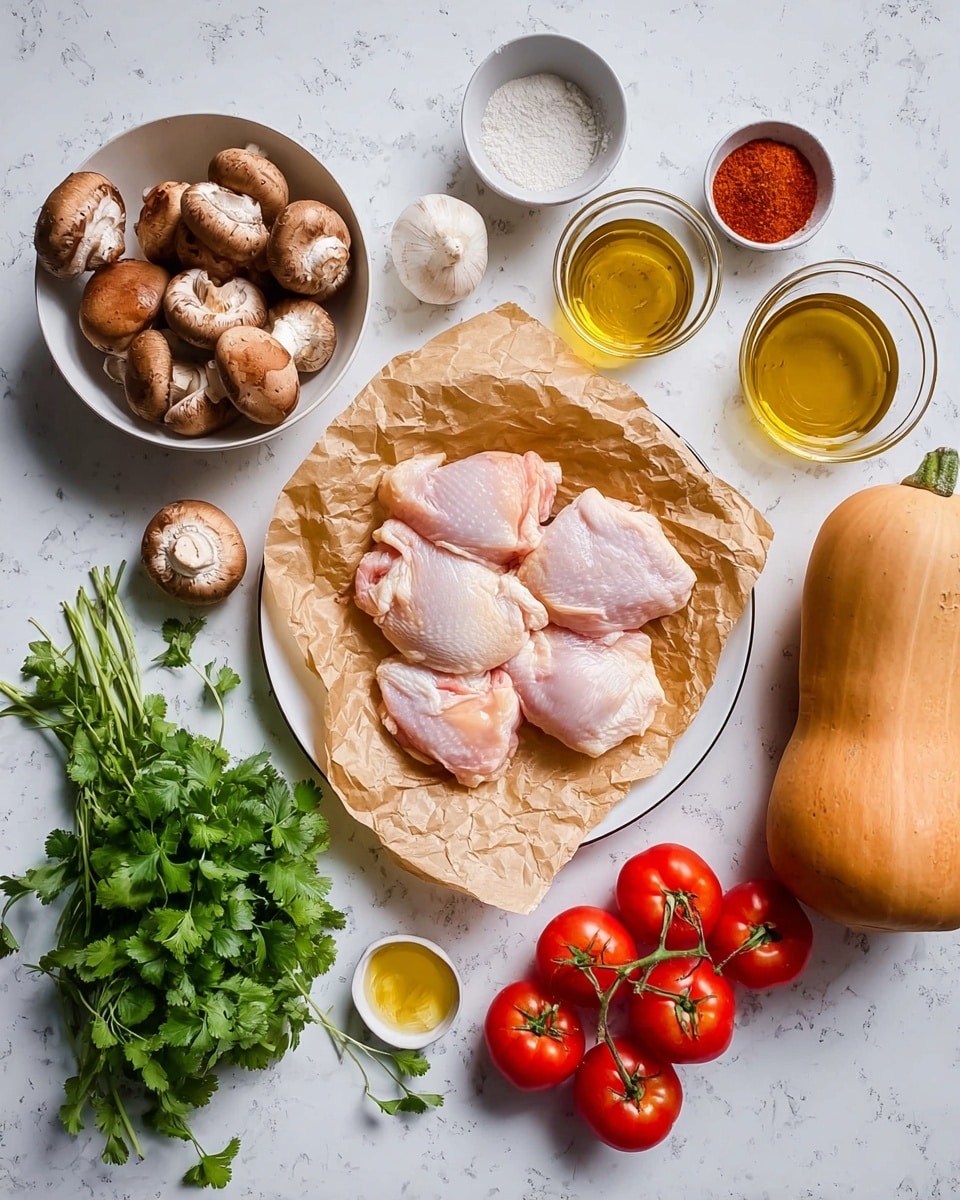 The image shows a white plate in the center with five raw pink chicken pieces on a sheet of crinkled brown paper. Around it, there are several bowls and ingredients arranged on a white marbled surface: to the left, a white bowl with five brown mushrooms, a small white bowl with white powder, and another with red powder; next to them is a small glass jar with yellow oil and two small glass bowls with amber liquid. Above the plate is a bulb of garlic. To the right, bright red vine tomatoes and a bunch of fresh green parsley are placed near a light brown butternut squash and a whole brown onion. In the bottom left corner, there is a white bowl filled with fresh green cilantro leaves. Everything is arranged neatly with soft natural light. photo taken with an iphone --ar 4:5 --v 7