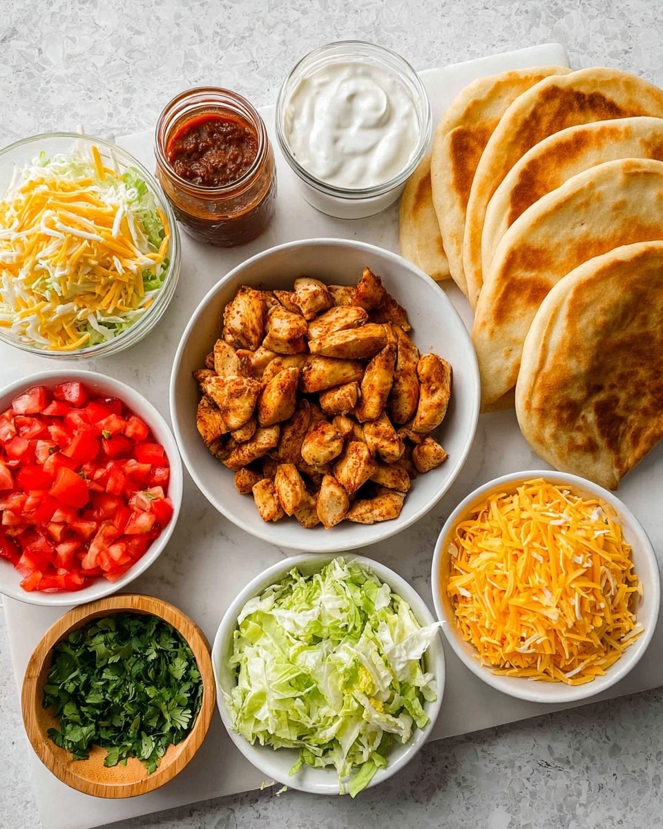 The image shows several white bowls and a jar on a white marbled surface, each filled with different ingredients. There are six folded golden brown pita breads stacked on the right side, next to a small white bowl of white creamy sauce and a jar of reddish-brown salsa. In the center, a white bowl holds cooked, seasoned pieces of golden brown chicken. Surrounding the chicken bowl are smaller white bowls filled with shredded yellow cheddar cheese, chopped bright red tomatoes, and shredded light green lettuce. A small wooden bowl with chopped fresh green cilantro is also visible. All items are neatly arranged and well-lit. Photo taken with an iphone --ar 4:5 --v 7
