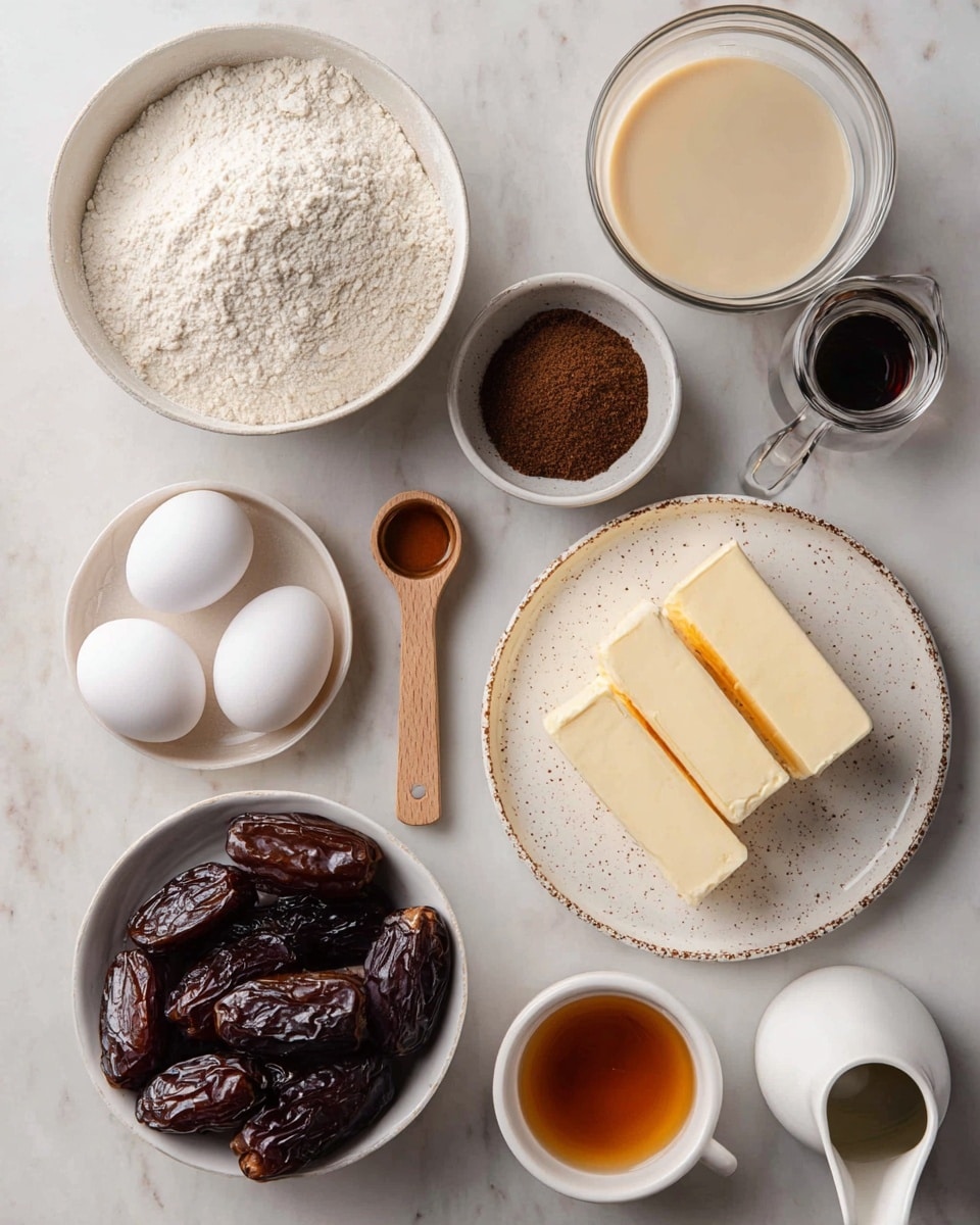 The image shows a top view of various baking ingredients arranged neatly on a white marbled surface. There is a white bowl with flour in the top left, a glass filled with a light beige liquid in the top right, and a small white bowl with dark brown sugar below it. To the right center, two sticks of pale yellow butter lie on a white plate with brown speckles. Below the flour, a small measuring cup with a dark liquid is placed near a wooden measuring spoon. At the bottom center, a white bowl holds shiny, dark brown dates, and to the left of this, three white eggs rest on the surface. A small white cup with amber liquid and a white ceramic pitcher sit at the bottom right corner. The whole scene has soft, natural light with gentle shadows, emphasizing the textures of the ingredients. photo taken with an iphone --ar 4:5 --v 7