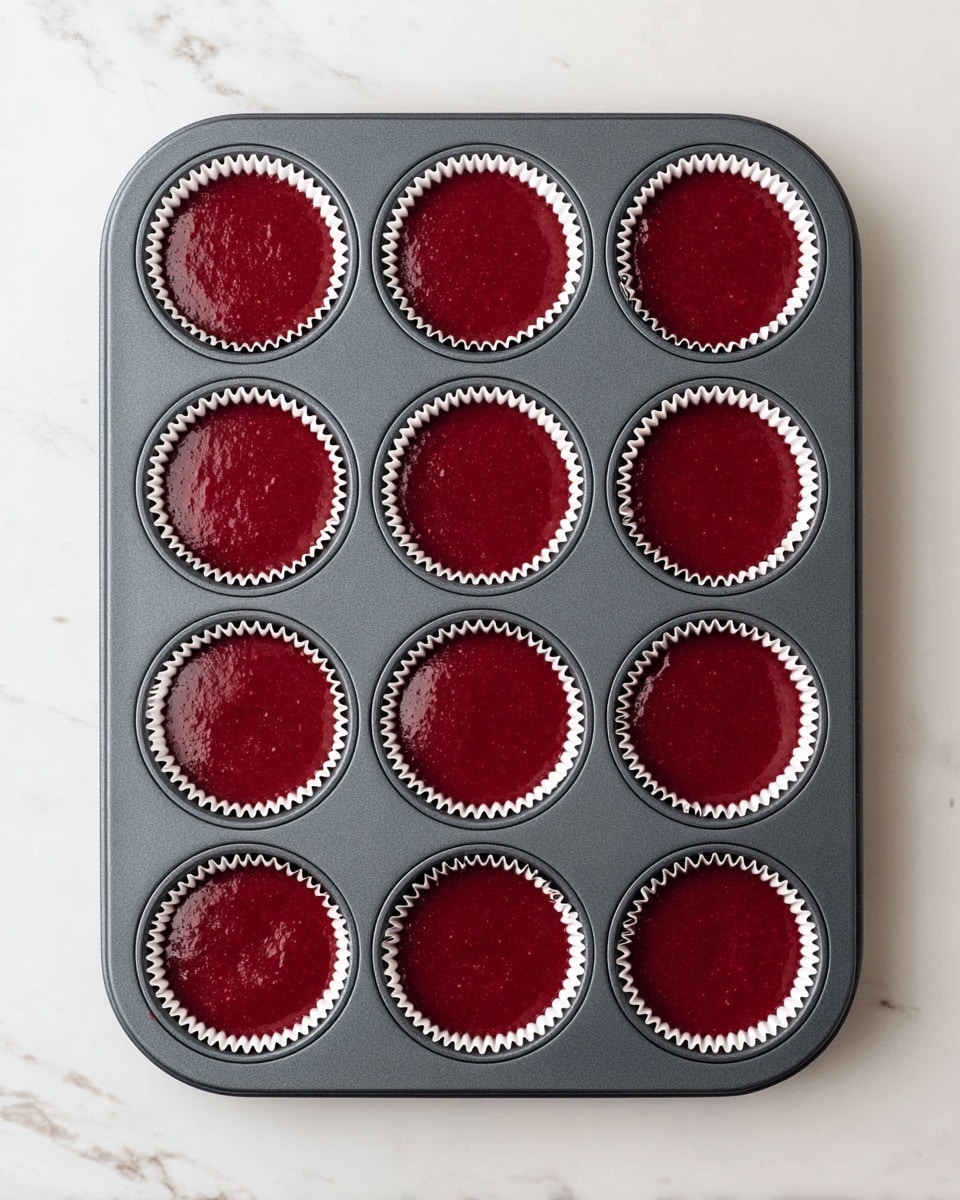 A top view of a dark grey muffin tray holding twelve evenly spaced white paper liners filled with smooth, deep red cupcake batter. The liners fit snugly inside the tray's round compartments, with the batter reaching just below the edges. The tray rests on a white marbled surface that has subtle grey veins, giving a clean and bright look. The batter has a slightly glossy texture with a few tiny bubbles visible. photo taken with an iphone --ar 4:5 --v 7
