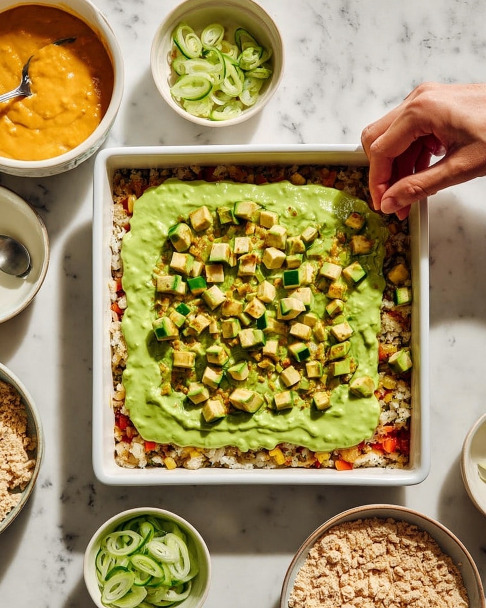 A white square dish filled with layers of food sits on a white marbled surface. The bottom layer is a mix of light brown and red pieces that look soft and cooked. On top, there is a thick spread of bright green creamy mixture covering almost the whole dish. Scattered over the green layer are small, evenly cut cubes of green and yellow vegetables. Around the dish, small white bowls hold different ingredients: a bowl with a creamy orange sauce with a spoon, a bowl with more small vegetable cubes, a bowl filled with thin green slices, and a bowl of light brown crumbly pieces. A woman's hand is placing some of the small vegetable cubes on the top layer. photo taken with an iphone --ar 4:5 --v 7