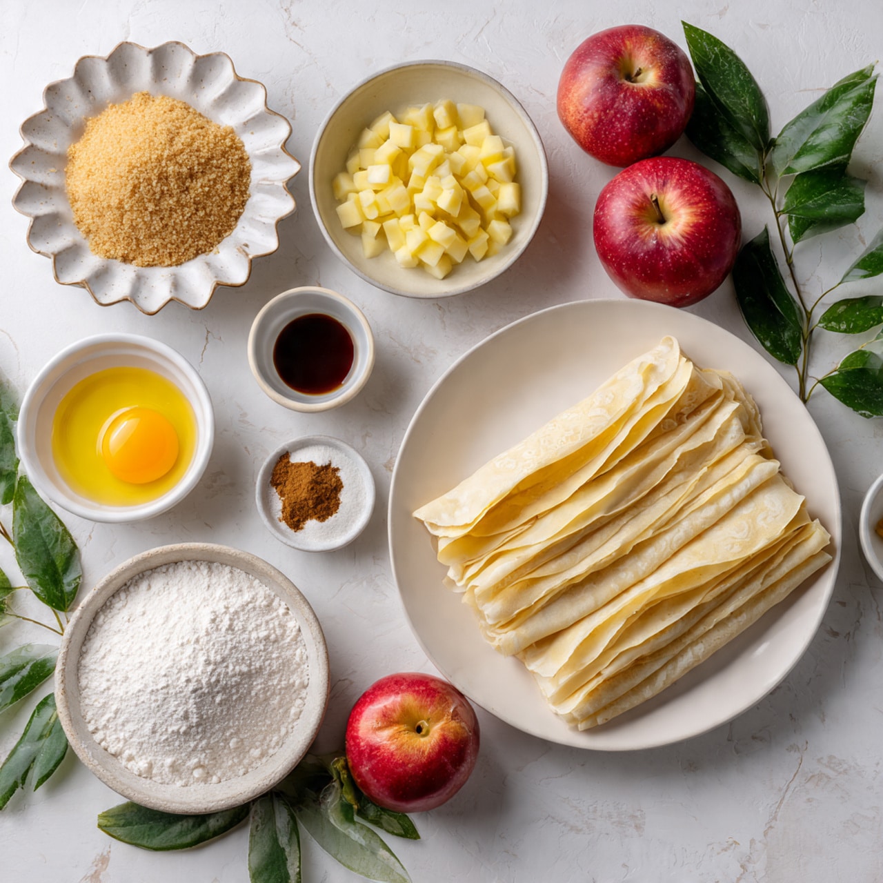 The image shows a flat white plate in the center with two folded light beige dough sheets. Below it, a white bowl with light brown rings holds diced pale yellow apple pieces. To the left, a small white bowl contains a raw egg yolk in clear white egg whites. Above it, a tiny white bowl holds dark brown vanilla extract. Next to this is a small white bowl with white flour, light brown cinnamon, and a darker brown spice. Above, there's a white plate filled with light brown brown sugar. To its left, a decorative white bowl with brown edges is filled with light golden coarse sugar chunks. At the top left corner, there is a white plate with a block of pale yellow butter. Two red apples with small green leaves are positioned between the bowls and plates, all set on a surface with a white marbled texture, scattered with a few green leaves and part of a red apple seen at the top right photo taken with an iphone --ar 4:5 --v 7