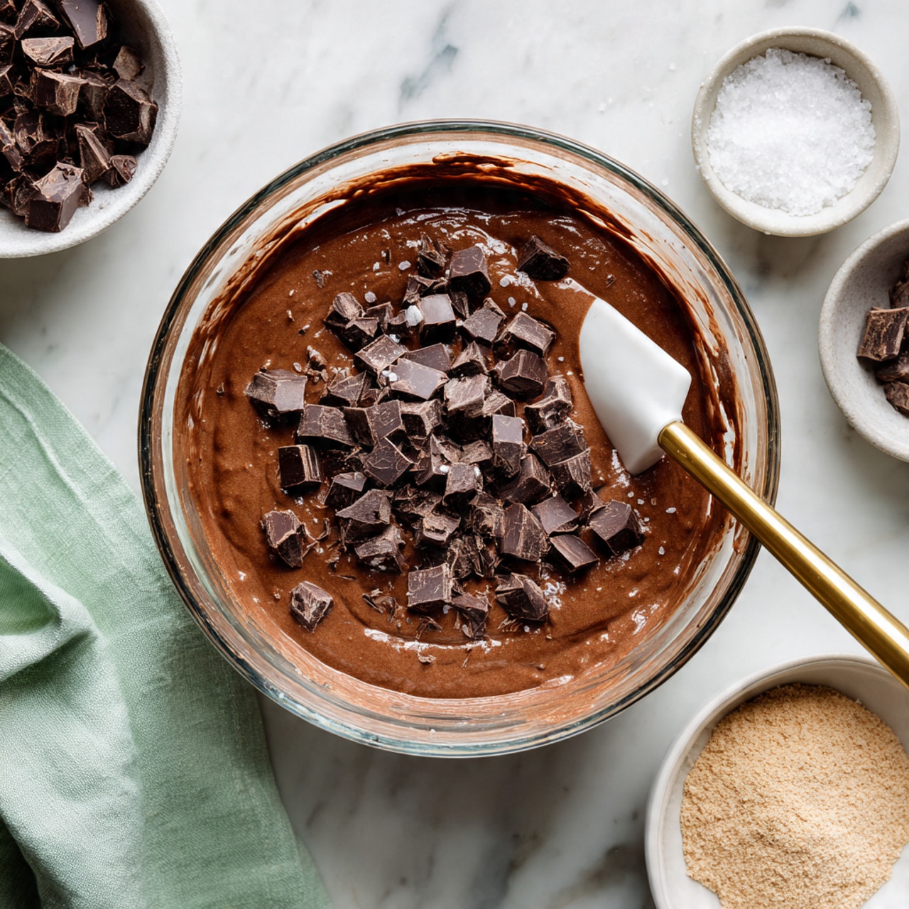A clear glass bowl filled with smooth medium brown chocolate batter mixed with small dark brown chocolate chunks on top, a white spatula resting inside the bowl with some batter on it, all placed on a white marbled surface with a light green cloth nearby, a small white bowl of chocolate chunks, a small gray bowl of white salt, and a white bowl of light brown powder with a golden spoon around it, photo taken with an iphone --ar 4:5 --v 7