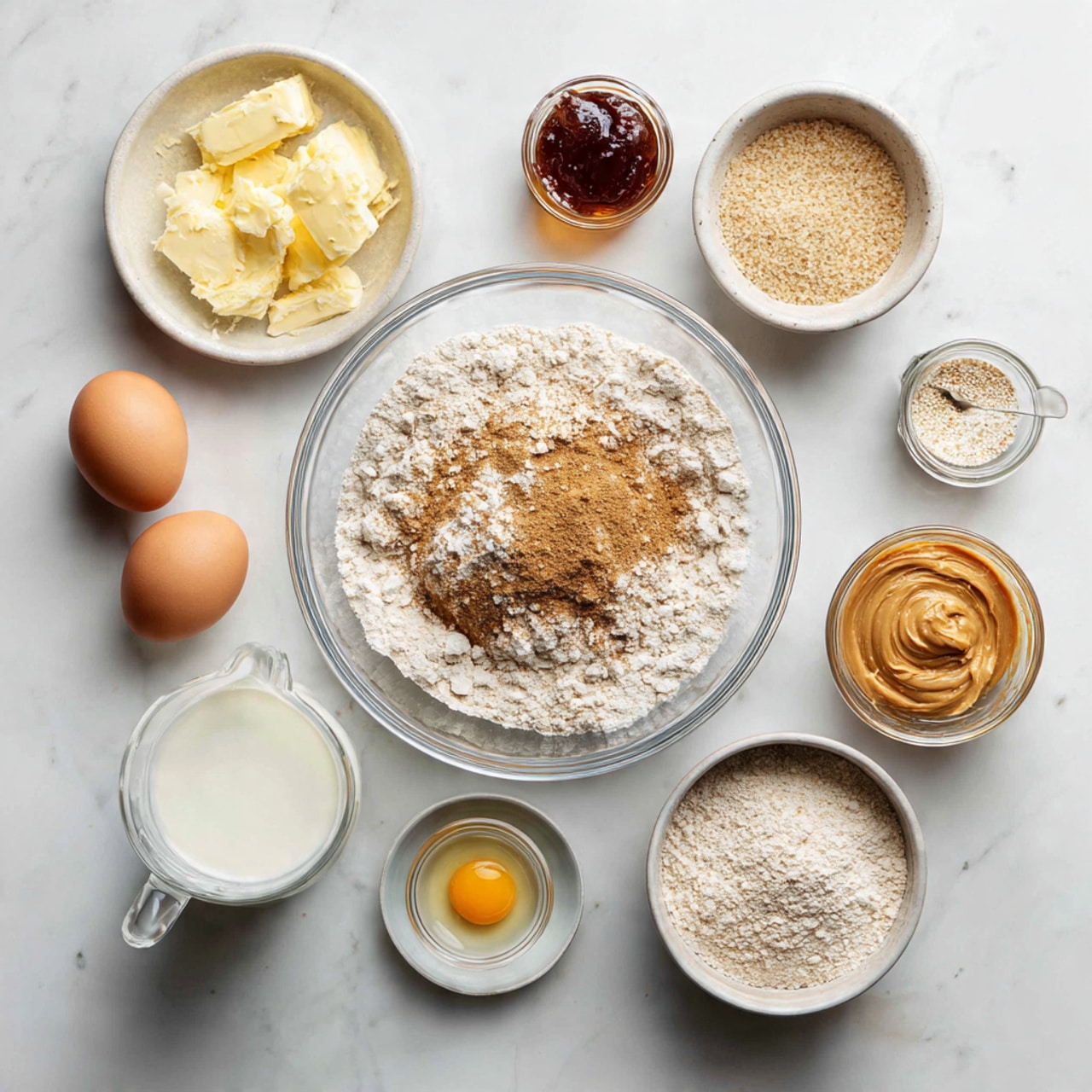 A white bowl filled with thick, light brown batter mixed with small red and black specks, showing a slightly creamy and textured surface with visible swirls from mixing; a spatula with a wooden handle and a white head is partially dipped into the batter at the right side of the bowl; the bowl sits on a white marbled surface. photo taken with an iphone --ar 4:5 --v 7