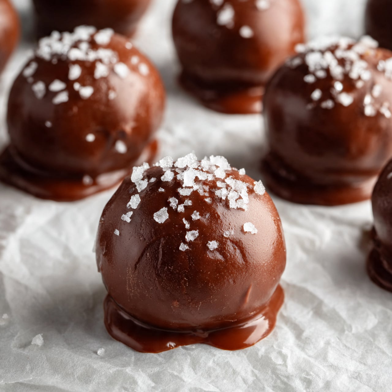The image shows several round chocolate balls placed on wrinkled white parchment paper. Each ball is covered in smooth, shiny dark brown chocolate and sprinkled with white powdered sugar on top. The chocolate balls look soft and slightly shiny, with a small chocolate pool at their base where they sit on the paper. The background is a white marbled surface blurred softly, keeping the focus on the chocolate balls in the foreground. photo taken with an iphone --ar 4:5 --v 7
