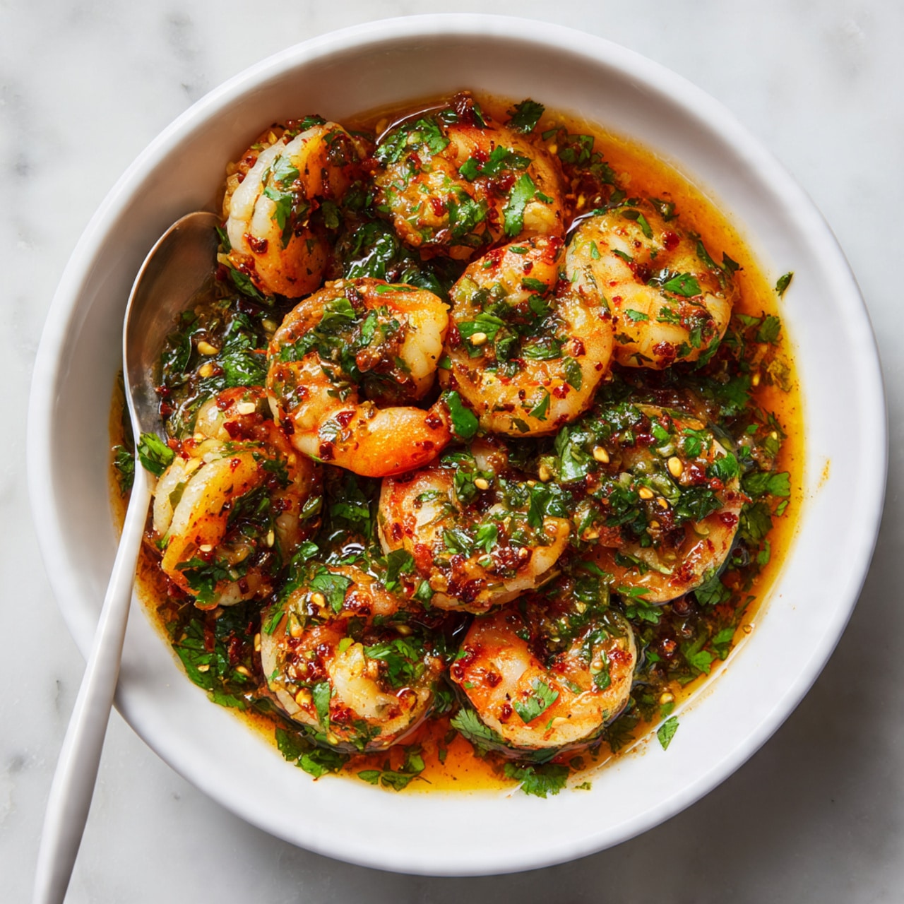 A white bowl sits on a white marbled surface filled with raw shrimp coated in a light brown sauce with specks of herbs, mainly green chopped cilantro mixed evenly throughout. The shrimp are grayish-white with darker gray tails, some curled and some slightly straight. A white utensil is partially visible inside the bowl on the left side. The inside of the bowl shows splashes of the light brown sauce and herbs around the shrimp. Photo taken with an iphone --ar 4:5 --v 7