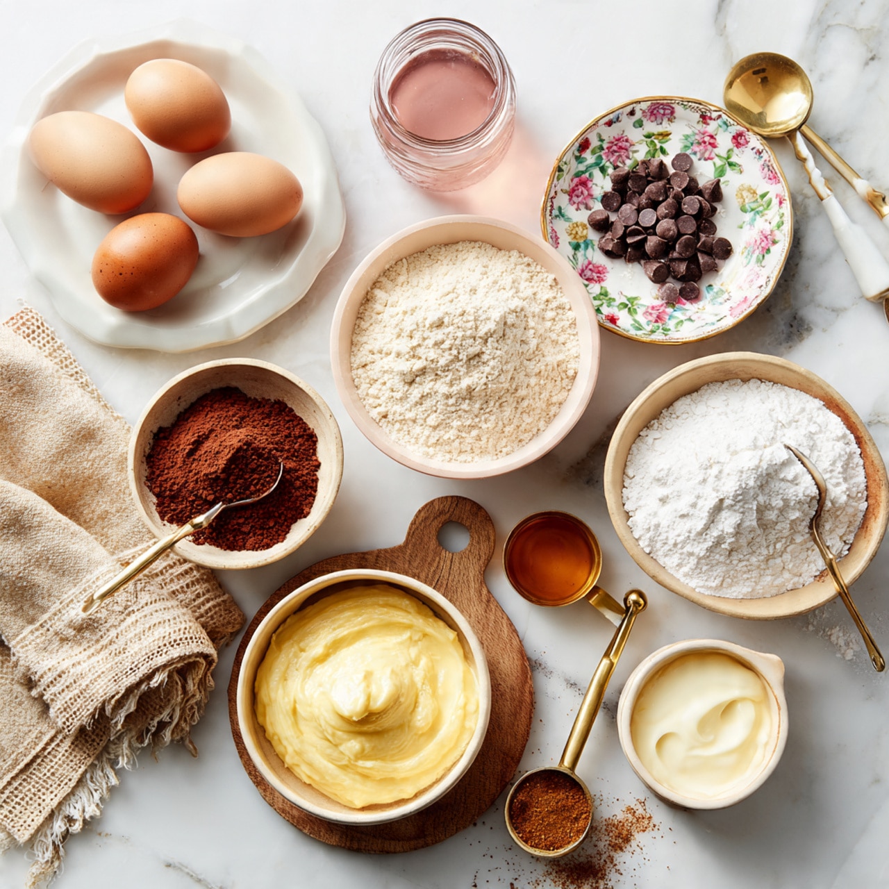The image shows various baking ingredients neatly arranged on a white marbled surface. At the top left, there is a white plate holding two brown eggs. Below it, a glass jar filled with a pink liquid stands next to a small white bowl with a dark amber liquid. To the right, a round floral-patterned dish contains white baking powders and a brown spice, while near the top center, a white bowl on a wooden trivet holds reddish-brown cocoa powder. A brass measuring cup filled with small chocolate chips rests on the top right, with some chips scattered around. In the middle, a larger white bowl is filled with light beige flour, and below it, a tan bowl holds a soft yellow powder. To the right, there is a white bowl containing a creamy yogurt-like ingredient with a smooth texture, and a small white dish with a brass measuring spoon holding a brown spice sits on the right side. A textured beige cloth is placed on the bottom left corner. photo taken with an iphone --ar 4:5 --v 7