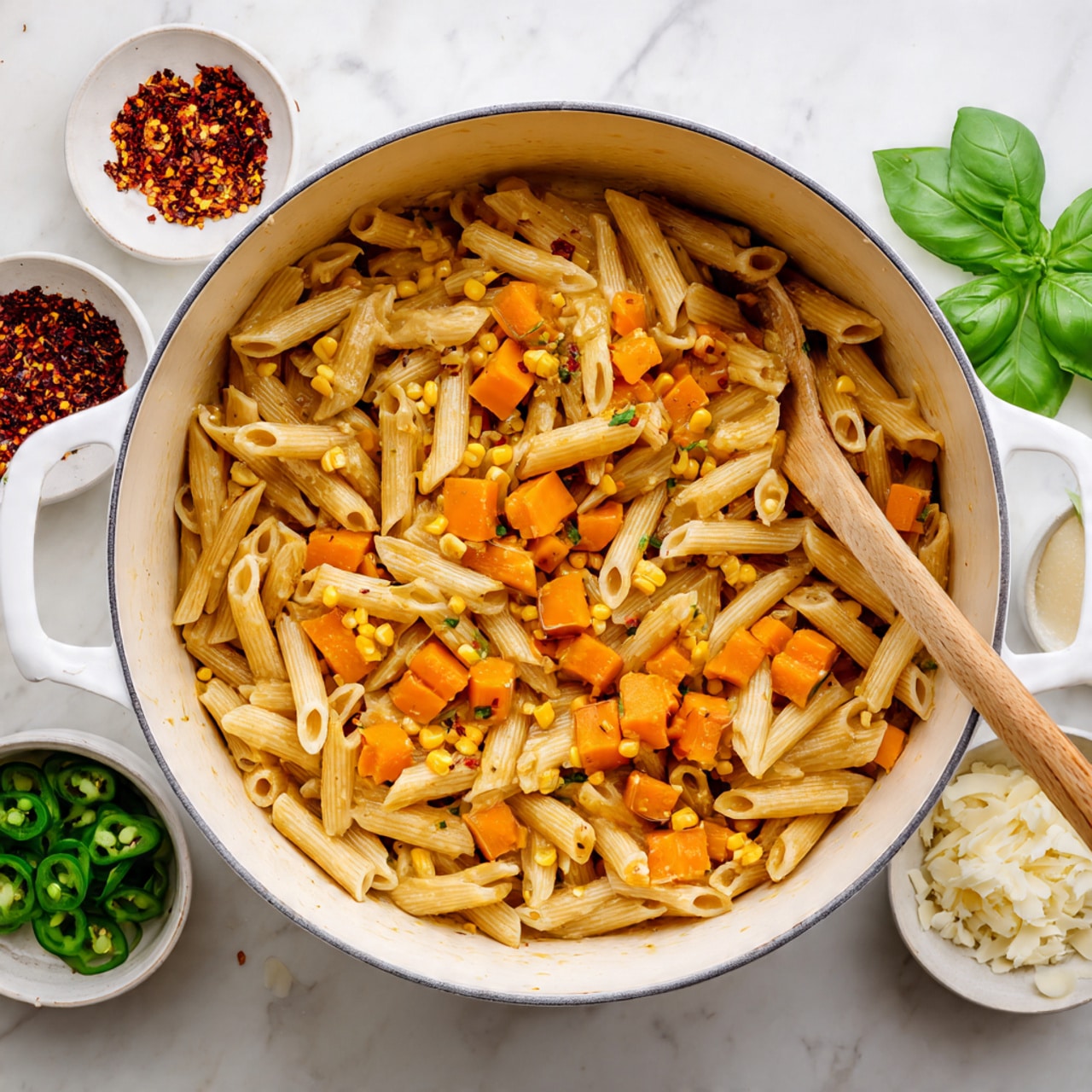 A white speckled bowl filled with creamy penne pasta mixed with golden brown tofu cubes and yellow corn kernels, topped with light green sliced jalapeños, small white crumbles of cheese, and thin strips of fresh green basil scattered on top. A golden fork rests inside the bowl, holding a jalapeño slice. The bowl is set on a white marbled surface, surrounded by small white bowls containing red chili flakes, sliced pickles, and cheese. The lighting highlights the creamy texture of the pasta and the vibrant colors of the toppings photo taken with an iphone --ar 4:5 --v 7