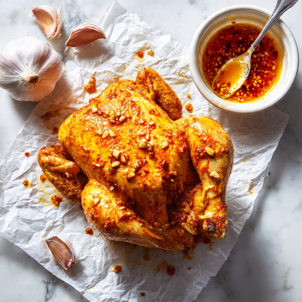 A roasted whole chicken lies in the center of a metal baking tray, its skin golden brown with some charred spots and visible seasoning. Around the chicken, there are layers of roasted vegetables: light yellow halved baby potatoes with crispy edges, bright orange carrot sticks, and small pieces of cooked onion that are translucent with browned parts. The chicken legs and wings are spread out to the sides, resting among the vegetables. The tray sits on a white marbled surface. photo taken with an iphone --ar 4:5 --v 7
