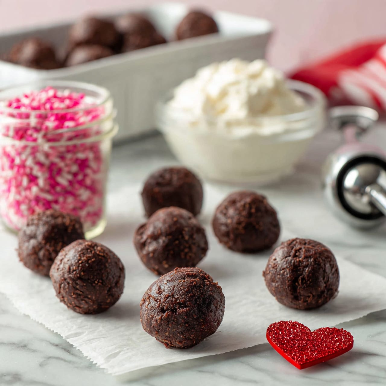 A pile of round chocolate truffles sits in the center of a white plate with a decorative border. Each truffle is covered in a crumbly light brown coating mixed with small pink, red, and white candy sprinkles. The truffles are stacked in a small mound with some touching and others resting slightly on top. Around the plate and on the white marbled surface are scattered red and pink shiny heart-shaped decorations and more tiny round and stick-shaped sprinkles, adding a colorful and festive touch. Photo taken with an iphone --ar 4:5 --v 7