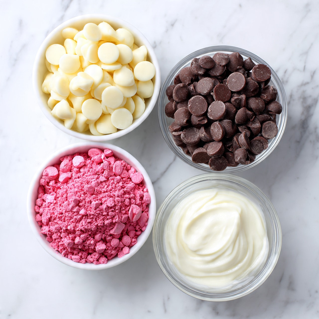 The image shows a baking tray lined with parchment paper, holding fifteen bright pink dough balls evenly spaced in three rows. Above the tray, a metal ice cream scoop rests on the tray, suggesting it was used to form the dough balls. To the left, a white bowl contains dark melted chocolate with one pink dough ball partially dipped in it. Above that, another white bowl has pink dough residue with a metal whisk inside, coated with the same pink mixture. At the top right, there is a small white bowl filled with bright red powder. The whole setup is on a white marbled surface. photo taken with an iphone --ar 4:5 --v 7