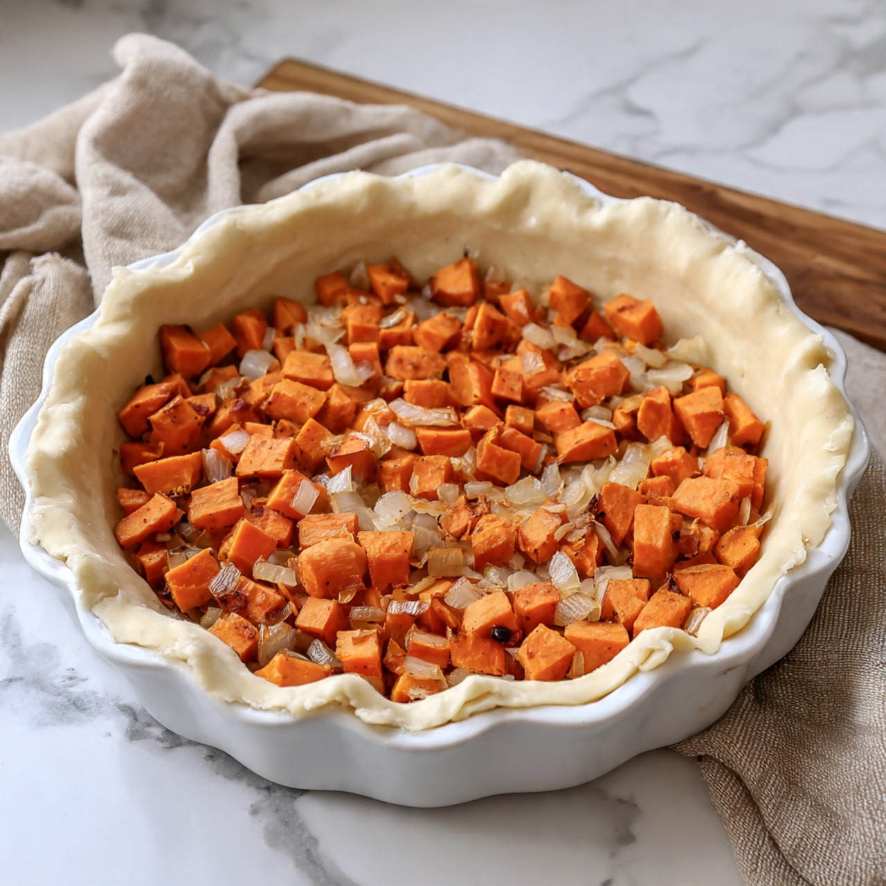 A white pie dish filled with an unbaked pie crust that lines the dish, with edges draped slightly over the rim; inside the crust is one layer of roasted orange sweet potato cubes mixed with small pieces of browned onion, scattered evenly at the bottom; the pie dish sits on a white marbled surface with a beige cloth nearby photo taken with an iphone --ar 4:5 --v 7