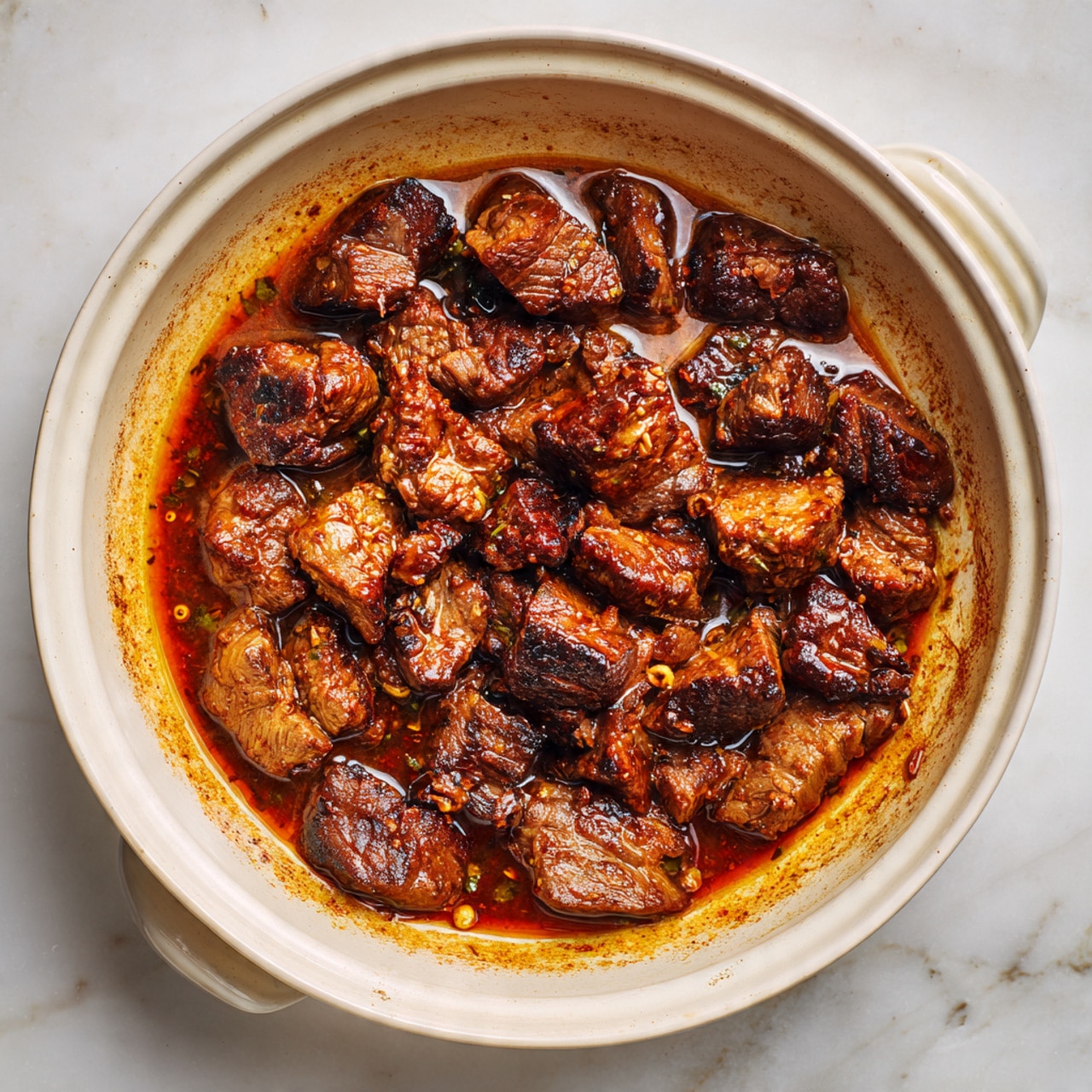 A round white pot filled with browned, cooked meat chunks soaking in a small pool of brown juices, with the meat showing a mix of dark and light brown colors, some pieces having crispy edges and varied shapes and sizes, all sitting inside the pot that has slight brown stains inside near the sides, placed on a white marbled surface photo taken with an iphone --ar 4:5 --v 7
