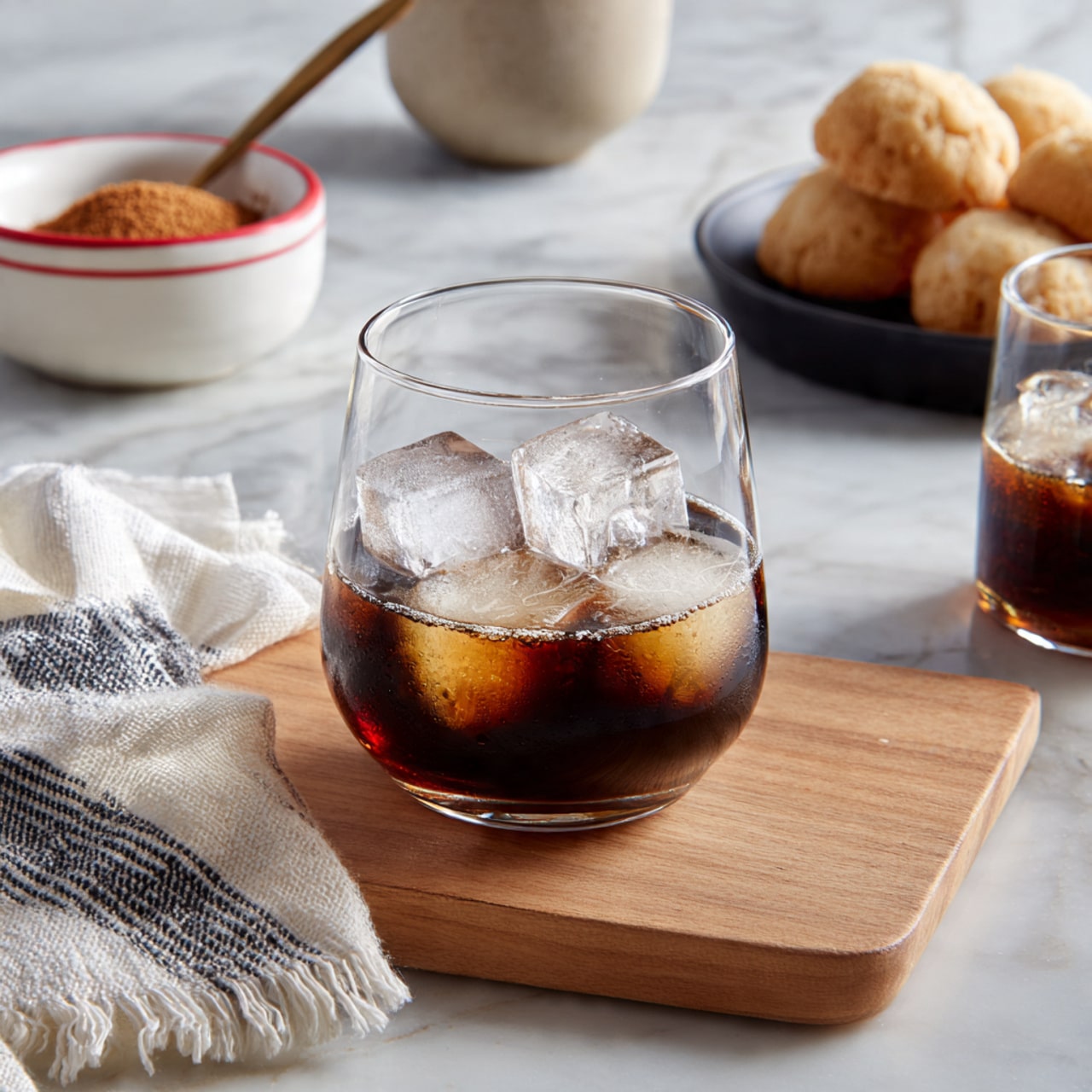A clear rounded glass sits on a light wooden board over a white marbled surface, filled with a dark brown liquid at the bottom and large, clear ice cubes stacked on top, creating contrast between the dark liquid and the bright ice. To the left of the board, there is a white and navy striped cloth with fringed edges laying casually. In the background, a white bowl with a red rim holds a brown powder, and a black dish holds stacked light-colored pastries. Another similar glass with dark liquid and ice is partly visible on the right side. photo taken with an iphone --ar 4:5 --v 7