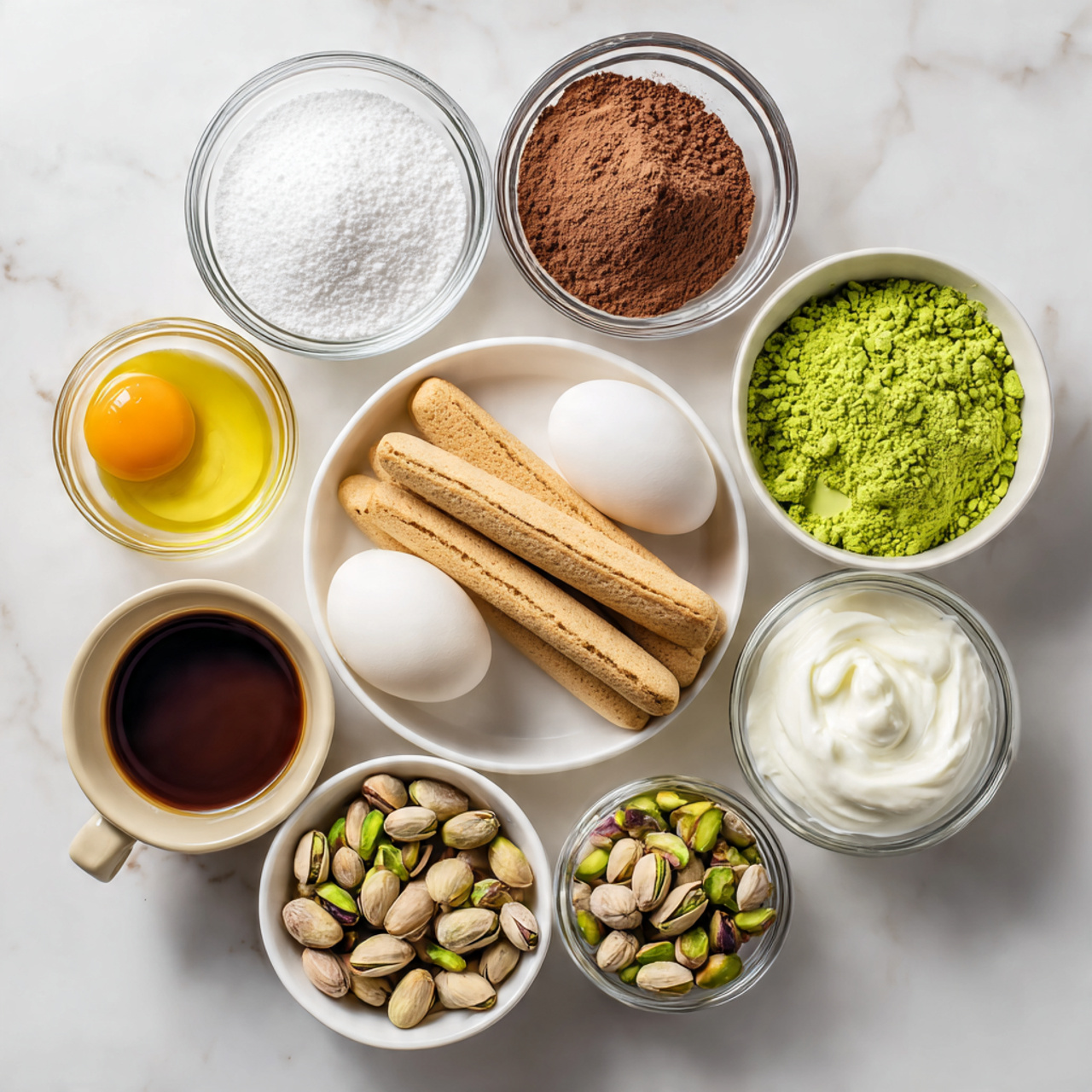 The image shows nine small bowls and one white plate placed on a white marbled surface. The white plate holds three long, light brown ladyfinger biscuits stacked slightly overlapping. Surrounding the plate are several glass and ceramic bowls with different ingredients: top left has white granulated sugar in a clear glass bowl, directly below it is a beige bowl with brown cocoa powder, next to that a white bowl holds two raw egg yolks. To the right of the cocoa powder, a small bowl contains a smooth, vibrant green paste. Above it is a small white bowl filled with dark brown coffee liquid with a foamy surface. Next to it is a clear bowl with thick white whipped cream. Below that is a white bowl with a creamy white liquid, and to the right is a clear bowl filled with shelled pistachio nuts in green and light brown shades. All items are neatly arranged in a circular pattern. Photo taken with an iphone --ar 4:5 --v 7