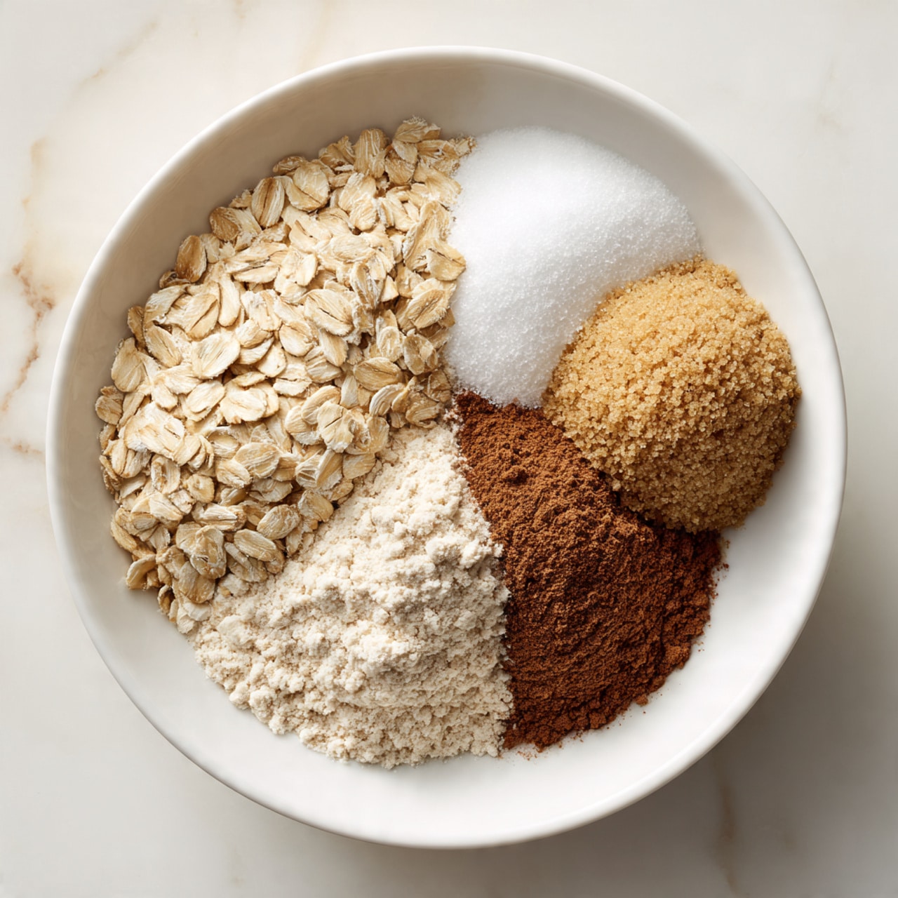 A white bowl contains five different dry ingredients placed separately in small piles: light beige rolled oats on the left, white sugar at the top, light tan brown sugar in a neat round scoop on the right, light brown flour underneath and to the right of the oats, and a small mound of dark brown cinnamon powder in the center overlapping the oats and flour. The background is a white marbled surface. Photo taken with an iphone --ar 4:5 --v 7