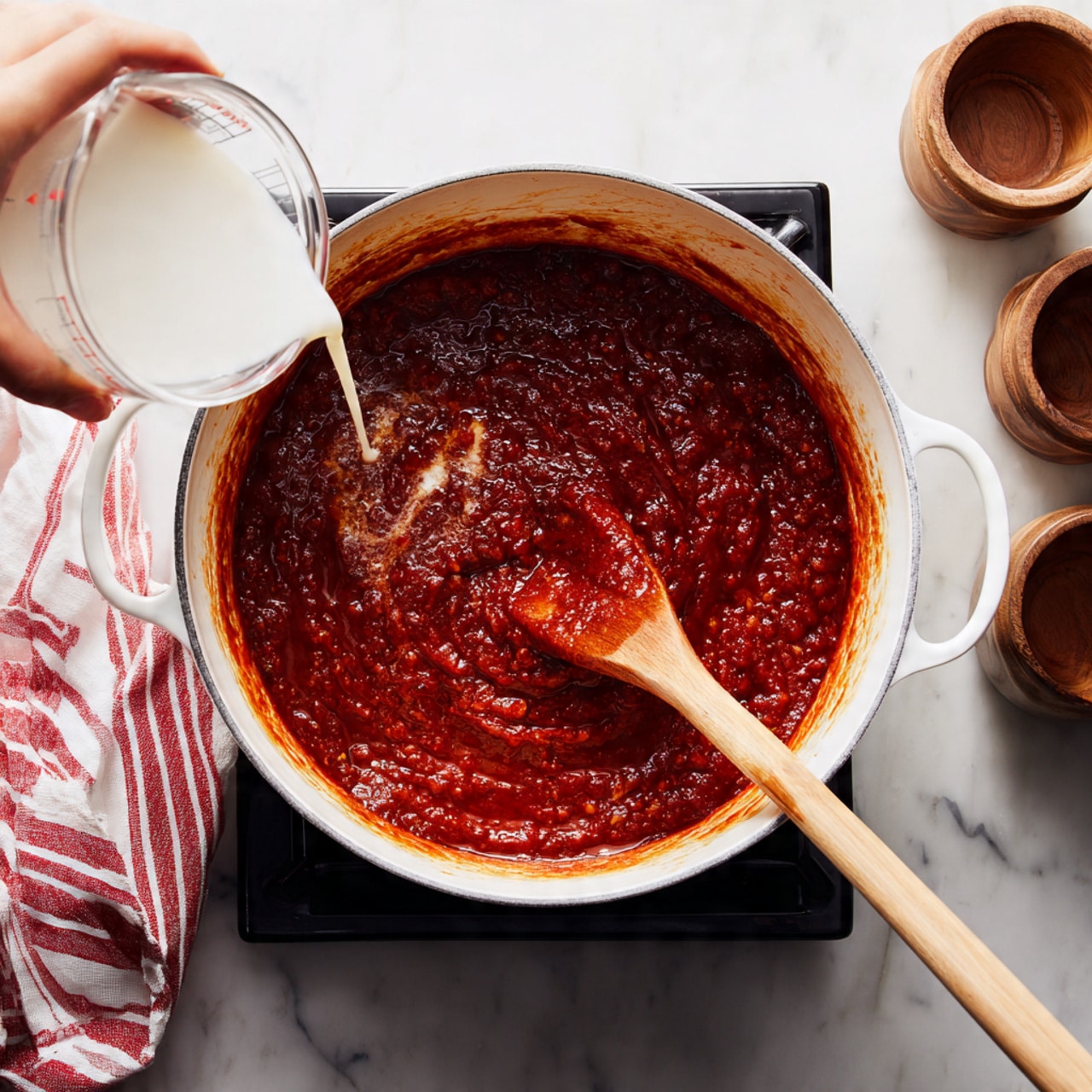 A white pot filled with thick, dark red sauce is on a black stove with a white marbled surface. A wooden spoon rests inside the pot, partially submerged in the sauce. From above, a woman's hand pours a white liquid from a clear Pyrex measuring cup into the center of the sauce, creating a swirling effect where the two liquids meet. In the background, there is a striped red and white cloth on the left and wooden containers on the right. The scene is bright and focused on the pot and the action of pouring. photo taken with an iphone --ar 4:5 --v 7