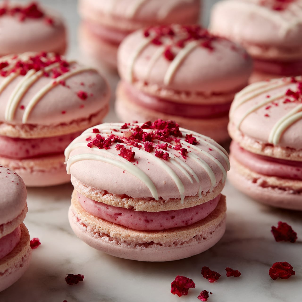 The image shows several pink macarons placed on a white marbled surface. Each macaron has two smooth, round shells with a slightly rough edge and a thick layer of light pink filling in the middle. The top shell has thin white lines drizzled across it and is sprinkled with small red crumbs. The macarons are arranged in rows, and there are pieces of what looks like dried strawberries scattered around them. The focus is on the macaron closest to the front, showing its details clearly, while the others blur softly in the background. Photo taken with an iphone --ar 4:5 --v 7