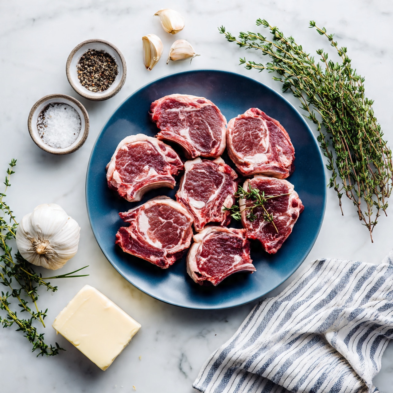 Eight raw lamb chops are arranged in a circle on a round white plate with a blue base. The lamb chops show a deep red color with some white fat marbling. Around the plate, on a white marbled surface, there are small bowls of coarse salt and cracked black pepper near the top left. Three garlic cloves and some fresh green thyme sprigs are placed above the plate on the right, while a fresh rosemary sprig lies to the bottom left. A small square of wrapped butter is placed near the bottom left side. Part of a striped cloth is visible at the bottom right corner. Photo taken with an iphone --ar 4:5 --v 7