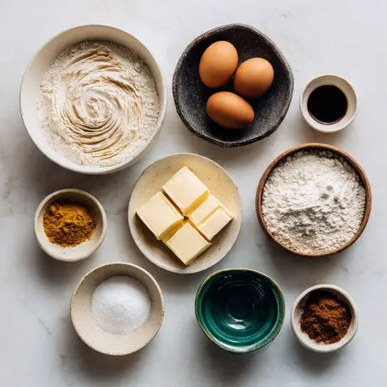 The image shows nine bowls with different baking ingredients on a white marbled surface. The largest bowl on the left contains white flour with a swirl pattern on top, followed by a bowl with brown sugar below it. To the right of the flour is a dark bowl holding two brown eggs, and next to it is a small white bowl with a dark liquid inside. Below that are a small beige bowl with yellow turmeric spice and a small handmade green bowl, both above a small white bowl filled with white powder. The center has a white bowl with two thick, yellow butter squares. The smallest green bowl at the bottom holds a small amount of dark cinnamon powder. The bowls are arranged neatly with different shapes and textures, all placed on a white marbled surface. Photo taken with an iphone --ar 4:5 --v 7
