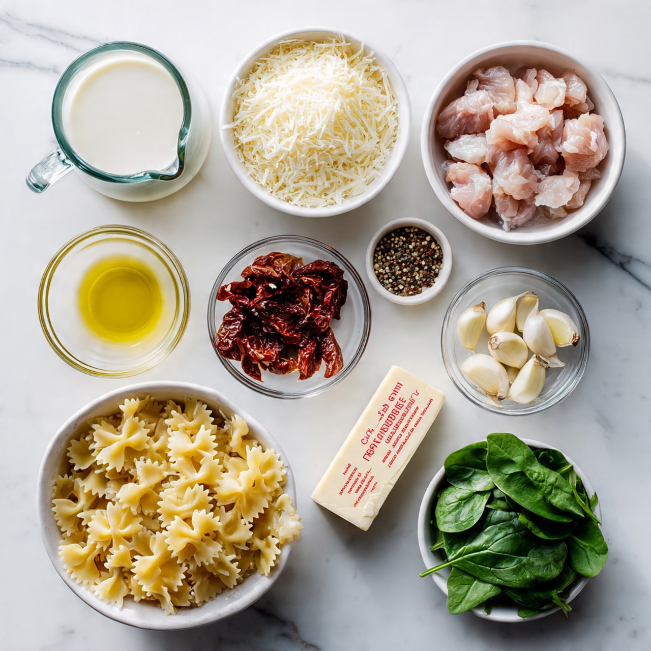 The image shows ingredients neatly arranged on a white marbled surface, including a clear glass pitcher filled with a white liquid in the top left. To its right is a white bowl filled with grated cheese, next to a clear bowl with small pieces of raw light pink chicken. Below these is a small clear bowl filled with dried dark red sun-dried tomatoes, and a smaller bowl with finely chopped garlic. In the lower part of the image, a white bowl holds uncooked farfalle pasta, while nearby a stick of butter with red text rests horizontally. A small clear bowl with golden olive oil and a white bowl with fresh green spinach leaves complete the set. There is also a tiny bowl with mixed spices including black pepper and red flakes. The scene is bright and clean, showing all ingredients clearly and separately. photo taken with an iphone --ar 4:5 --v 7