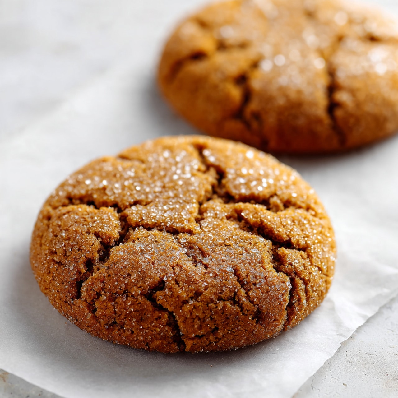 The image shows two round ginger cookies lying flat on a sheet of parchment paper placed on a white marbled surface. Each cookie has a lightly cracked top with visible sugar crystals sparkling on the surface. The cookies are a warm brown color, with a slightly rough texture that highlights their homemade look. The cookie in the foreground is centered and fully visible, while the one in the background is partially cut off at the top. The lighting is soft, emphasizing the cookies’ rough texture and golden-brown color. photo taken with an iphone --ar 4:5 --v 7
