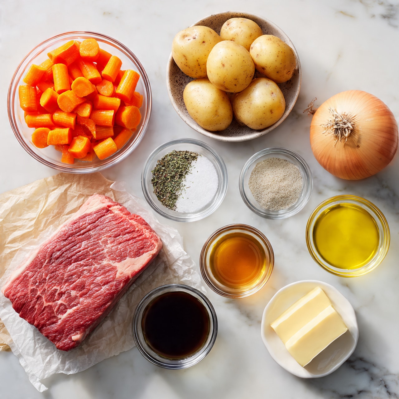 A black slow cooker filled with a layered dish starting at the bottom with chunks of white onion, bright orange carrot slices, and small light brown potatoes. On top of the vegetables lies a large, raw piece of red meat seasoned with coarse black pepper, dried green herbs, and a light sprinkle of pale yellow minced garlic. The vegetables appear moist with a small pool of liquid at the bottom. The whole setup is placed on a white marbled surface. Photo taken with an iphone --ar 4:5 --v 7