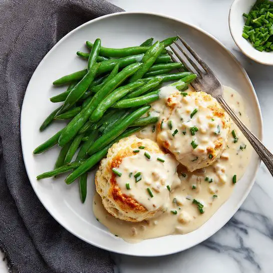 The image shows a white round plate with three layers of food arranged neatly. On the left side are long, green cooked green beans stacked close together with a slight shine and some seasoning spots. To the right of the green beans, there is a creamy, white, thick sauce with visible chunks, spread flat and filling half the plate. On top of the sauce, two golden-brown biscuits sit, one whole and the other broken open, showing a soft, fluffy inside with a slightly crispy outer crust. Both biscuits are sprinkled with small green chive pieces. A metal fork rests partially on the sauce and the plate's right edge. The plate is set on a white marbled surface with a small white bowl of chopped chives in the top right corner and a dark gray cloth napkin below it. Photo taken with an iphone --ar 4:5 --v 7
