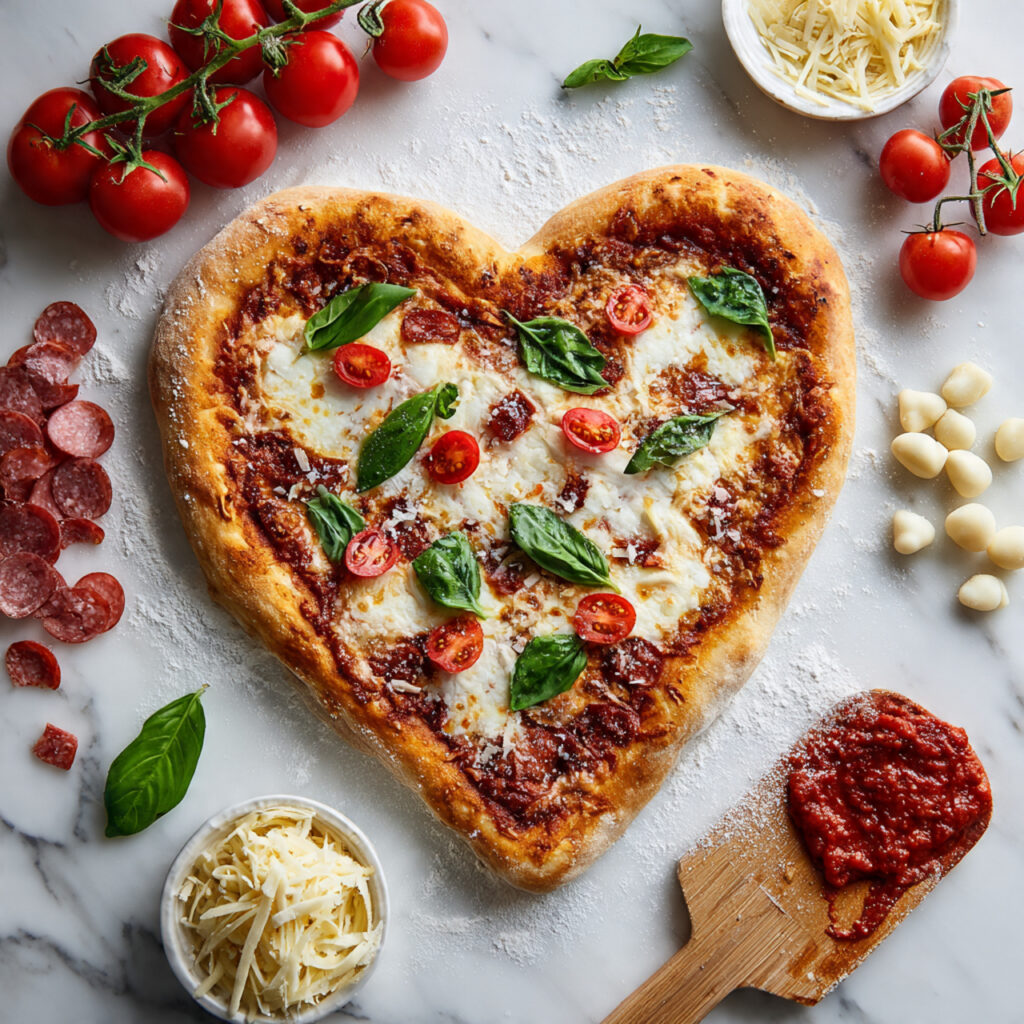 Heart-Shaped Pizza with Fresh Basil and Cherry Tomatoes Recipe