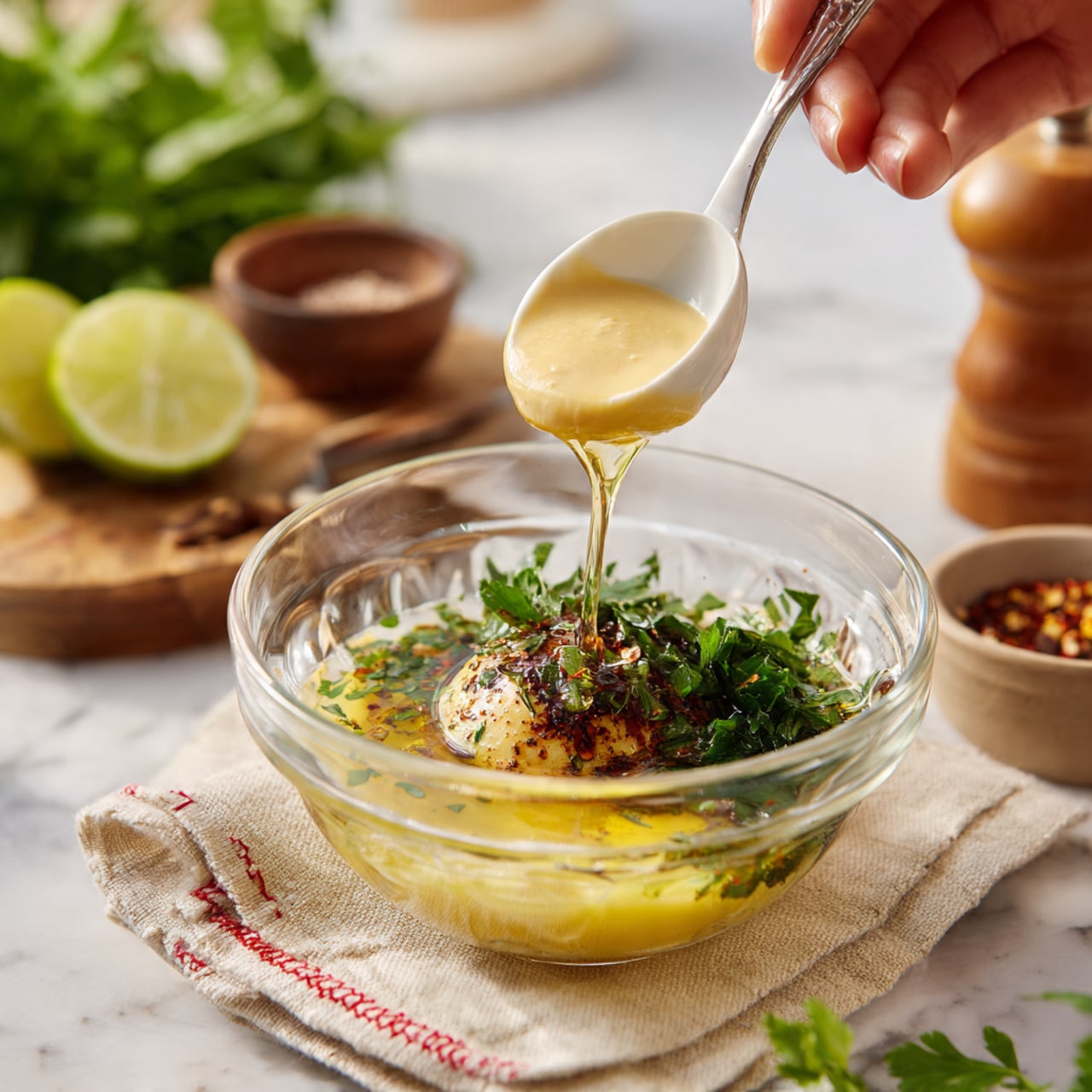 Two pieces of grilled chicken with a golden-brown color and char marks are placed on a light wooden board. The chicken shows a mix of crispy dark brown edges and moist texture in the middle. In the blurred background, a white marbled surface is visible with a hint of green herbs and a cut lime, adding a fresh touch to the scene. The image is well-lit, highlighting the juicy and slightly shiny surface of the chicken. Photo taken with an iphone --ar 4:5 --v 7