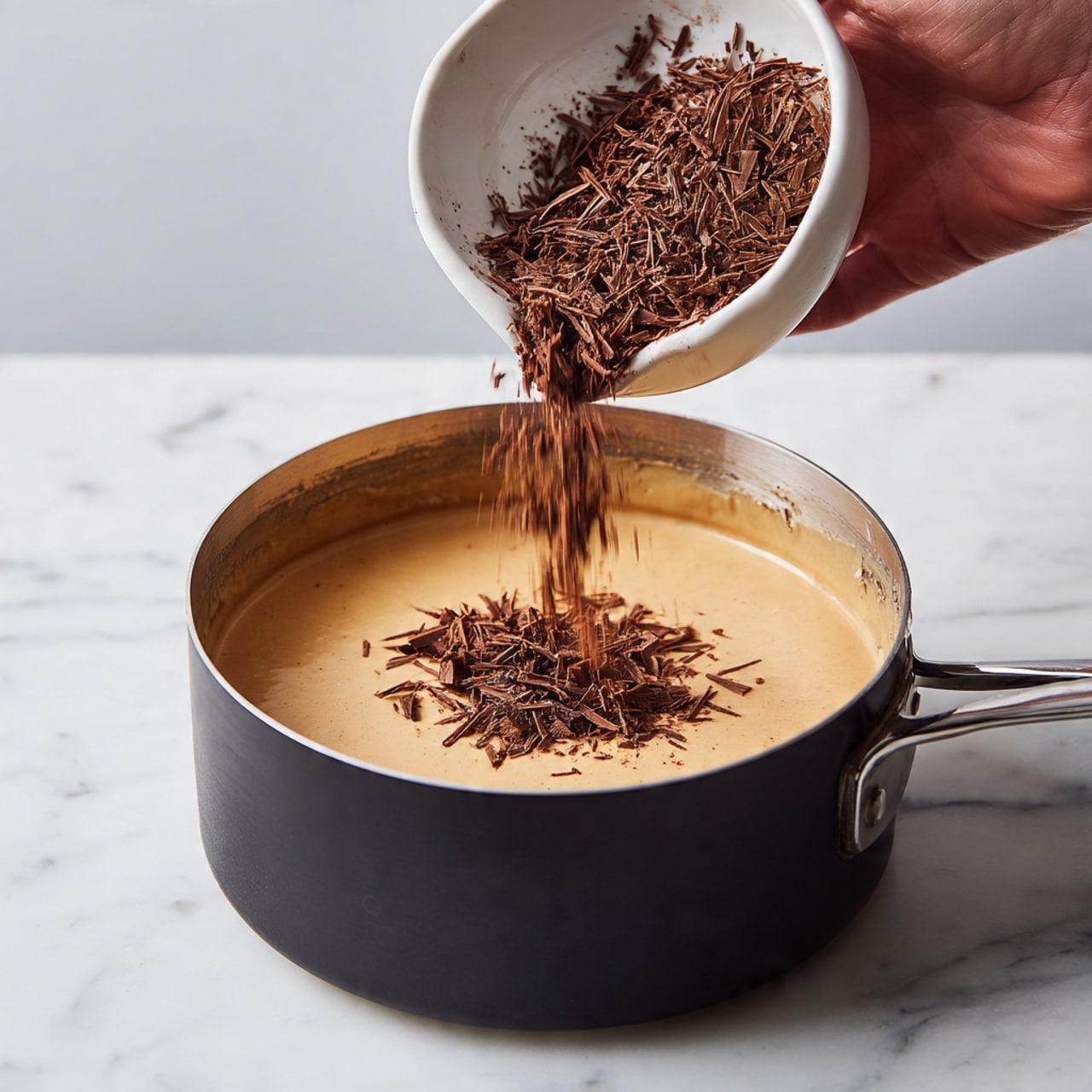 A thick, smooth dark brown chocolate mixture is being poured from a black pot into a clear glass dessert cup placed on a white marbled surface. The chocolate flows in a thick stream, filling the bottom of the glass with a shiny, rich texture. The background is softly blurred showing hints of white and brown, with another clear glass cup nearby. The scene is bright and clean with a focus on the glossy chocolate pouring action photo taken with an iphone --ar 4:5 --v 7