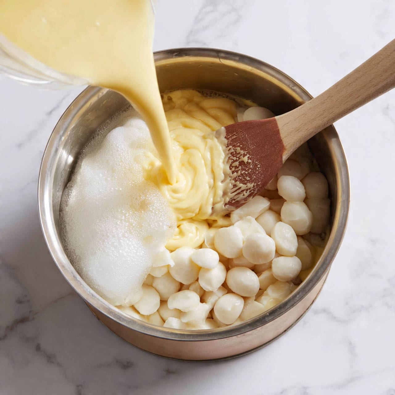 Inside a silver metal bowl on a white marbled surface, there are three visible layers of ingredients: the base layer is smooth, small, round white chocolate pieces, half covered by a thick, creamy white layer of whipped egg whites on the right side, and a pale yellow creamy batter being poured above and mixing into the white layer from the top left. A red silicone spatula with a wooden handle rests inside the bowl on the right side, partially under the yellow batter, ready to stir photo taken with an iphone --ar 4:5 --v 7
