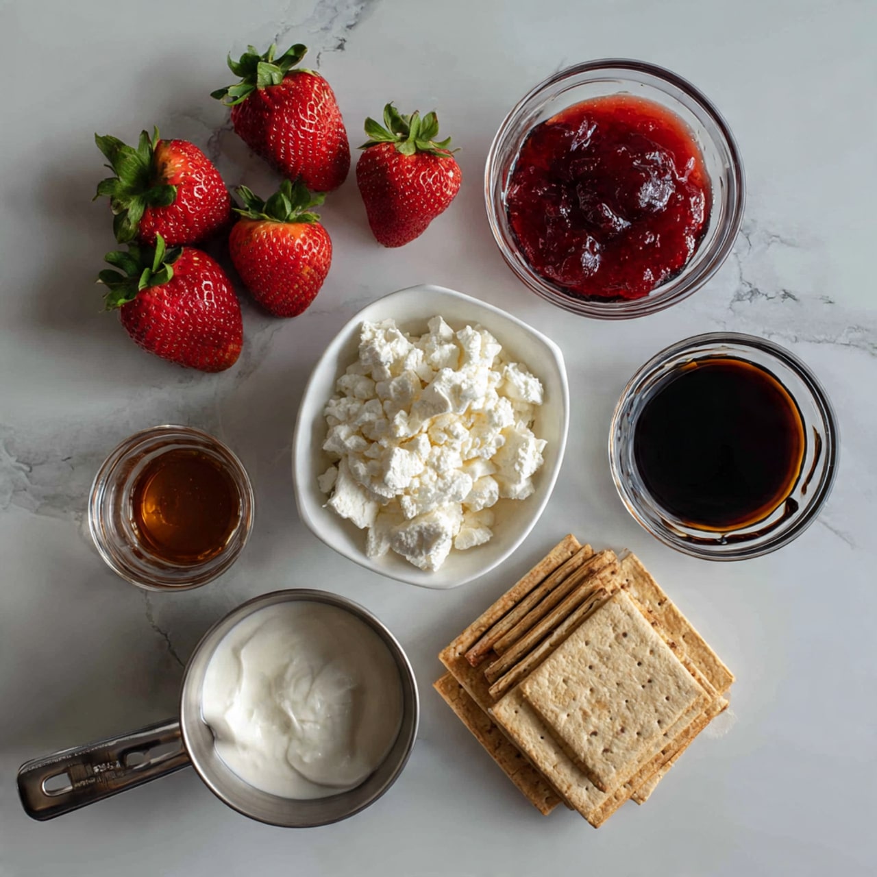 The image shows various ingredients placed on a white marbled surface. There are four fresh red strawberries with green tops on the left side. Nearby, there are three light brown square crackers. In the center, a white bowl holds white cottage cheese. Next to it, a clear glass bowl contains red strawberry jam, and another small clear bowl has a dark brown vanilla extract. Below, a metal measuring cup filled with white sour cream and another smaller metal cup containing dark brown molasses are placed side by side. On the lower right side, a clear glass bowl holds several light brown square crackers stacked neatly. photo taken with an iphone --ar 4:5 --v 7
